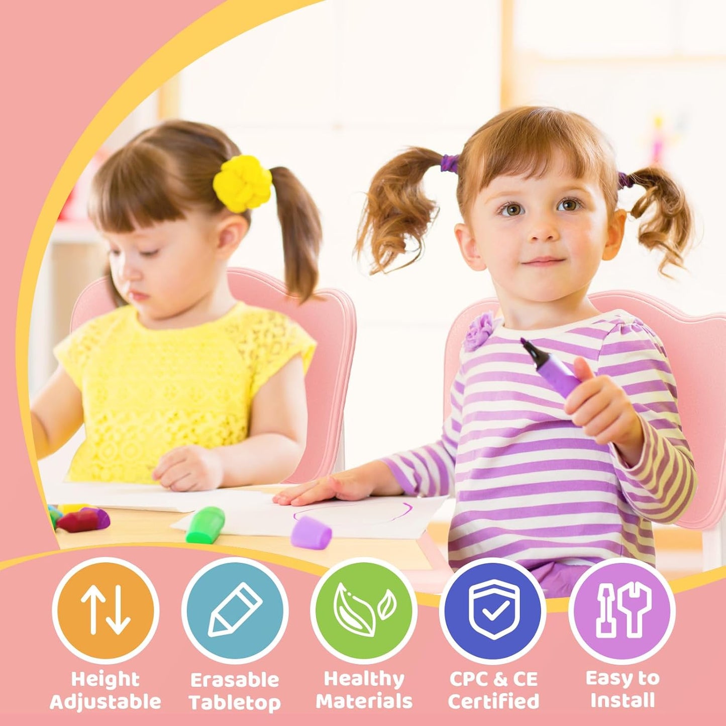 FUNLIO Kids Table and 2 Chairs Set for Ages 3-8, Height Adjustable Toddler Table and Chair Set, Easy to Wipe Arts & Crafts Table, for Classrooms/Daycares/Homes, CPC & CE Approved (3pcs Set) - Pink