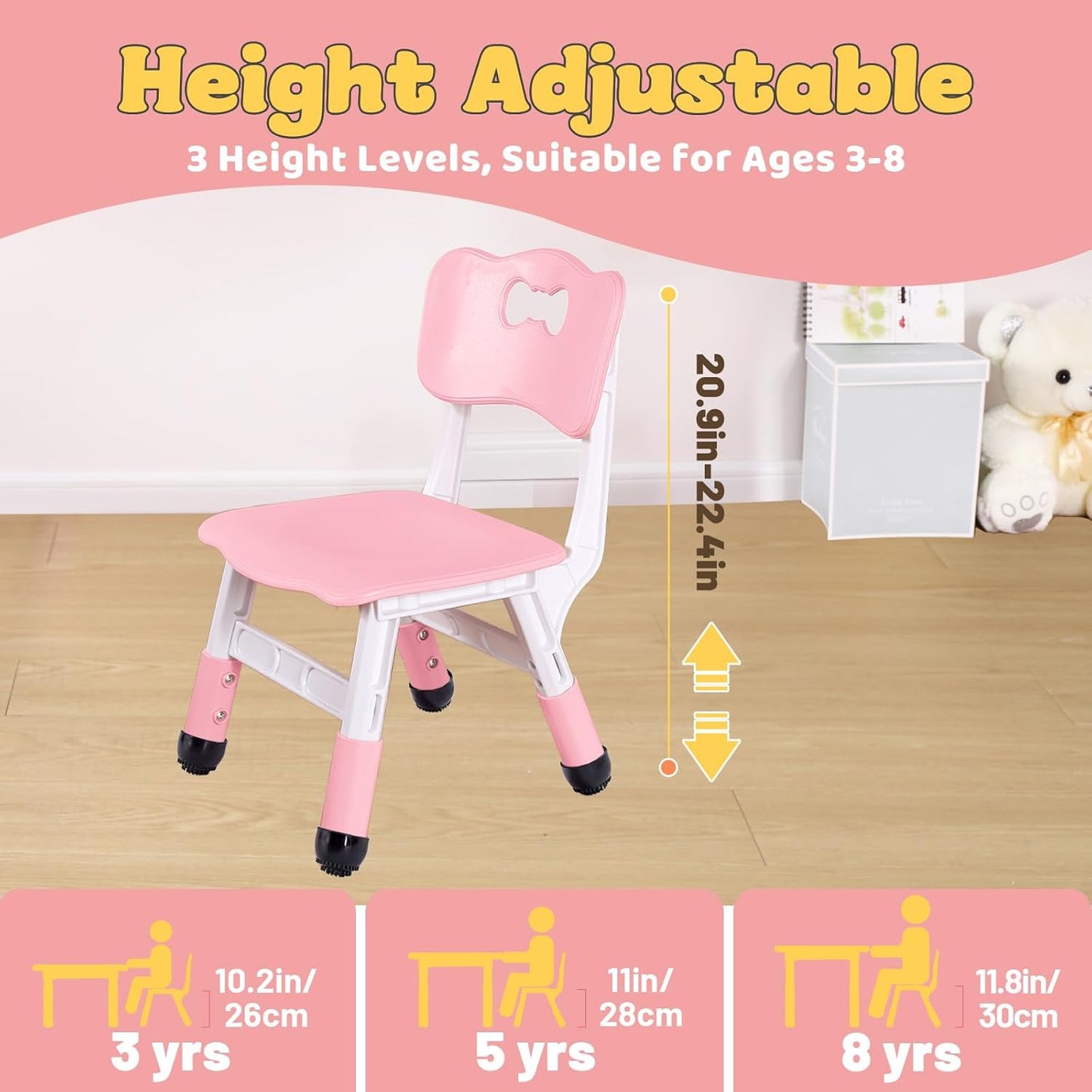 FUNLIO Adjustable Kids Chair (2pcs), 3 Level Height Adjustable Toddler Chair for Ages 3-8, Sturdy Child Chair with Maximum Bearing 220lbs, for Classrooms/Daycares/Homes, CPC & CE Approved - Pink
