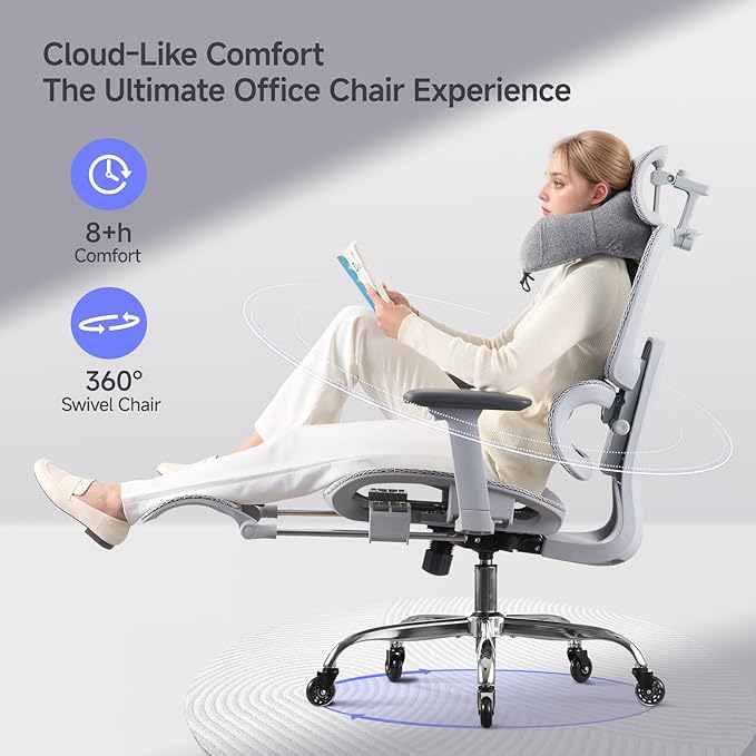 Office Chair with Footrest, Ergonomic Chair with Neck Pillow & Rubber Wheels, Computer Chair with Adjustable Backrest & 3D Armrests Headrest, Gaming Chair Adaptive Lumbar Support, Grey