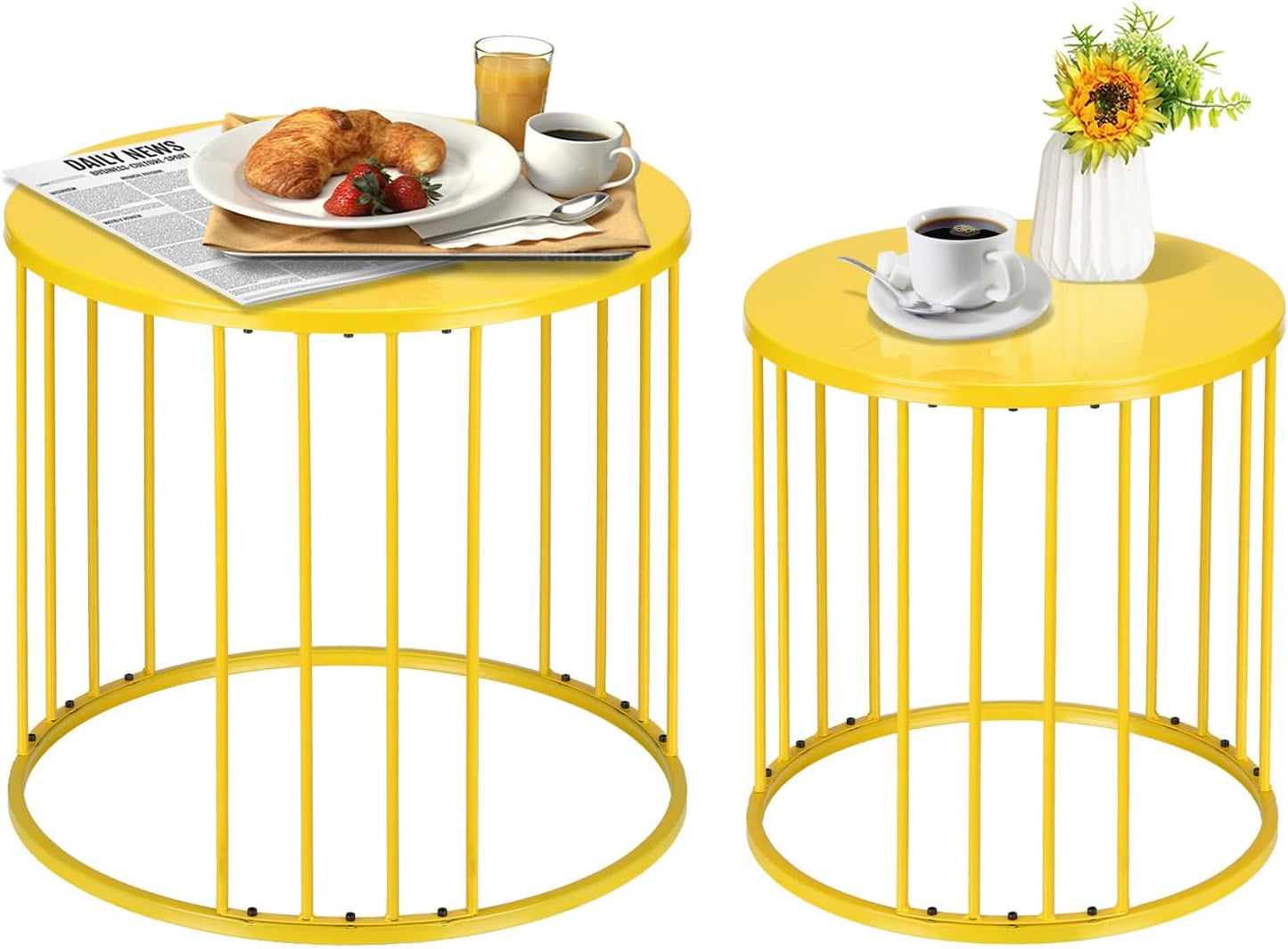 SUNNYPARK Outdoor Side Table Set of 2, Metal Circle Accent End Tables for Balcony Backyard Garden Indoor Living Room, Durable Black Nesting Coffee Tables, 20”+16” Dia