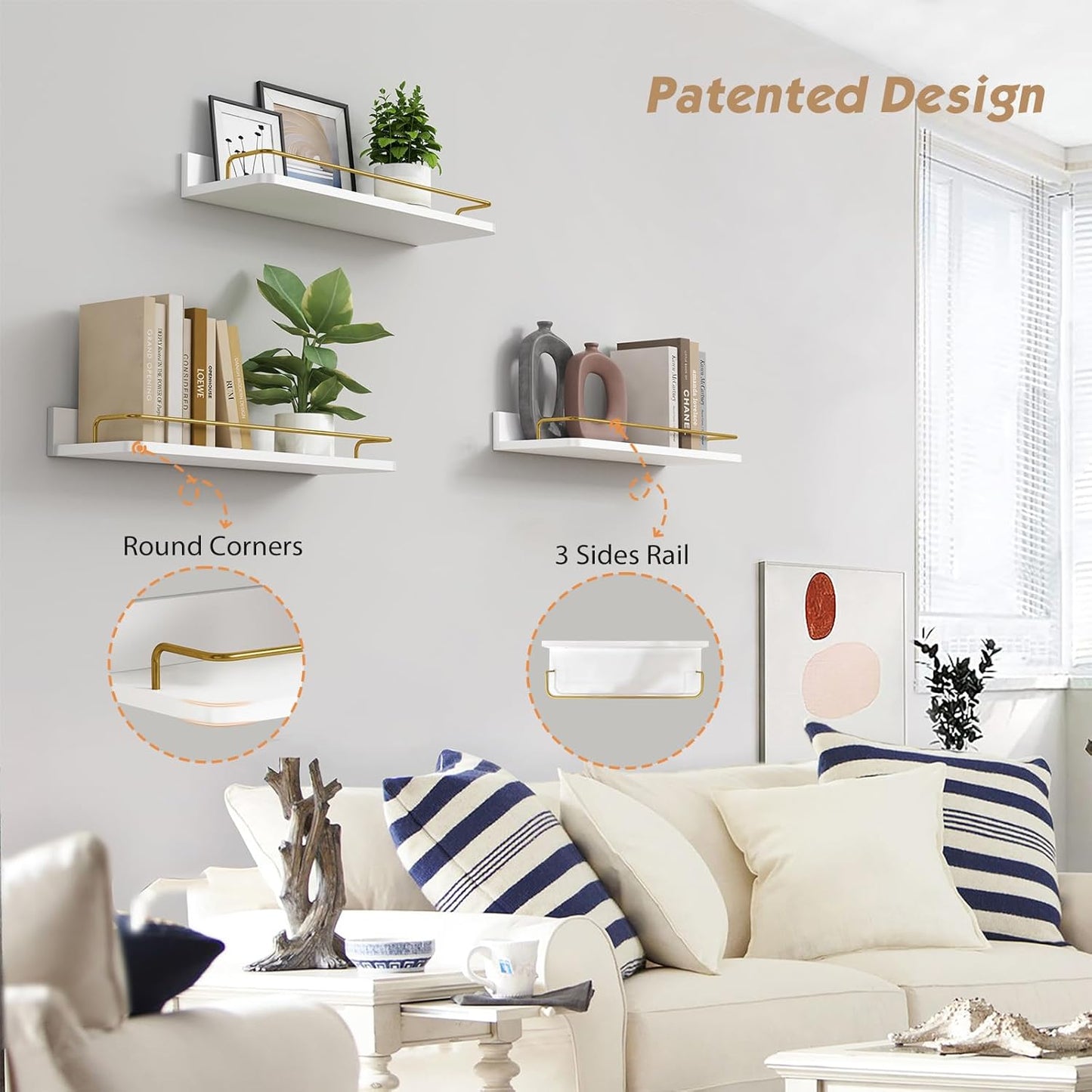 Forbena Gold Floating Shelves for Wall Decor Set of 3, Bathroom Shelves Over Toilet, Modern Display Wall Shelf with Guard Rail for Living Room Bedroom Organizers and Storage - White and Gold