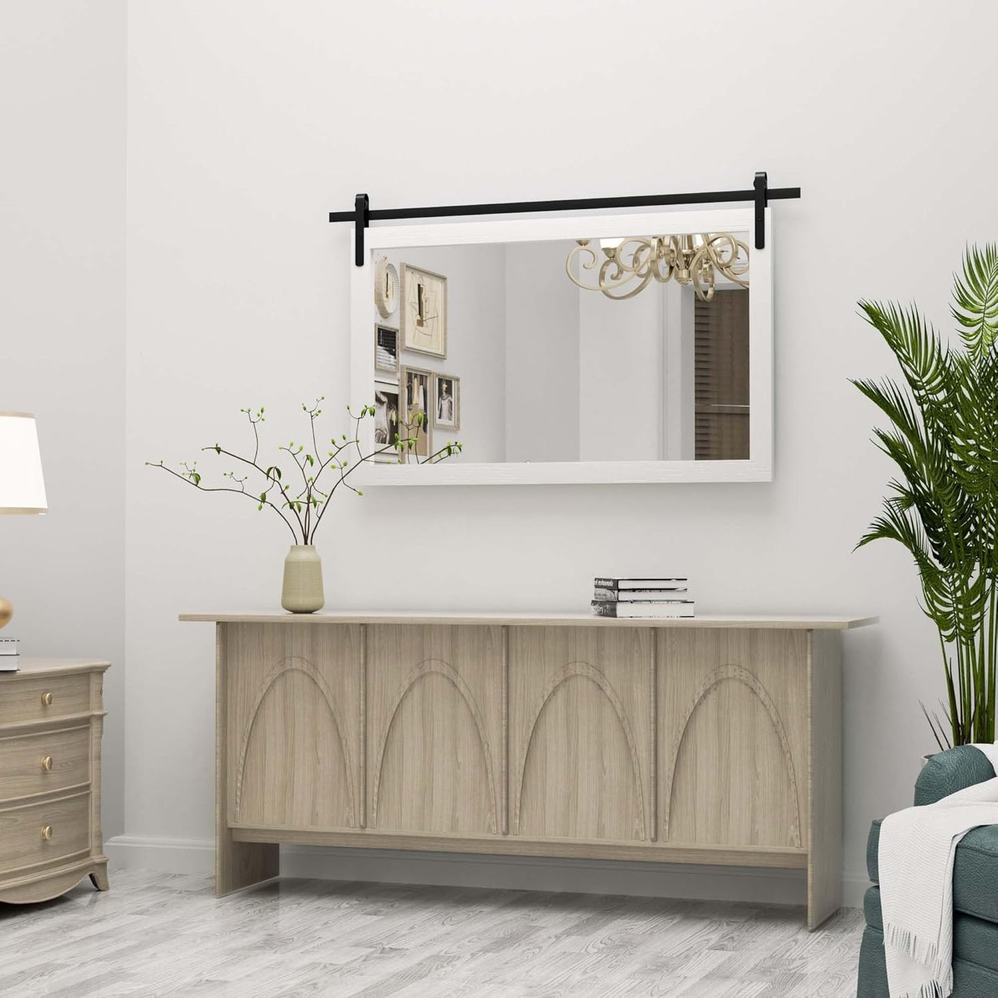 PAIHOME Large White Bathroom Mirror, Farmhouse Horizontal Rustic Square Mirror for Wall Wood Framed Vanity Mirrors, Barn Door Style Decor Living Room Entryway Bedroom Mirrors, 40x26INCH