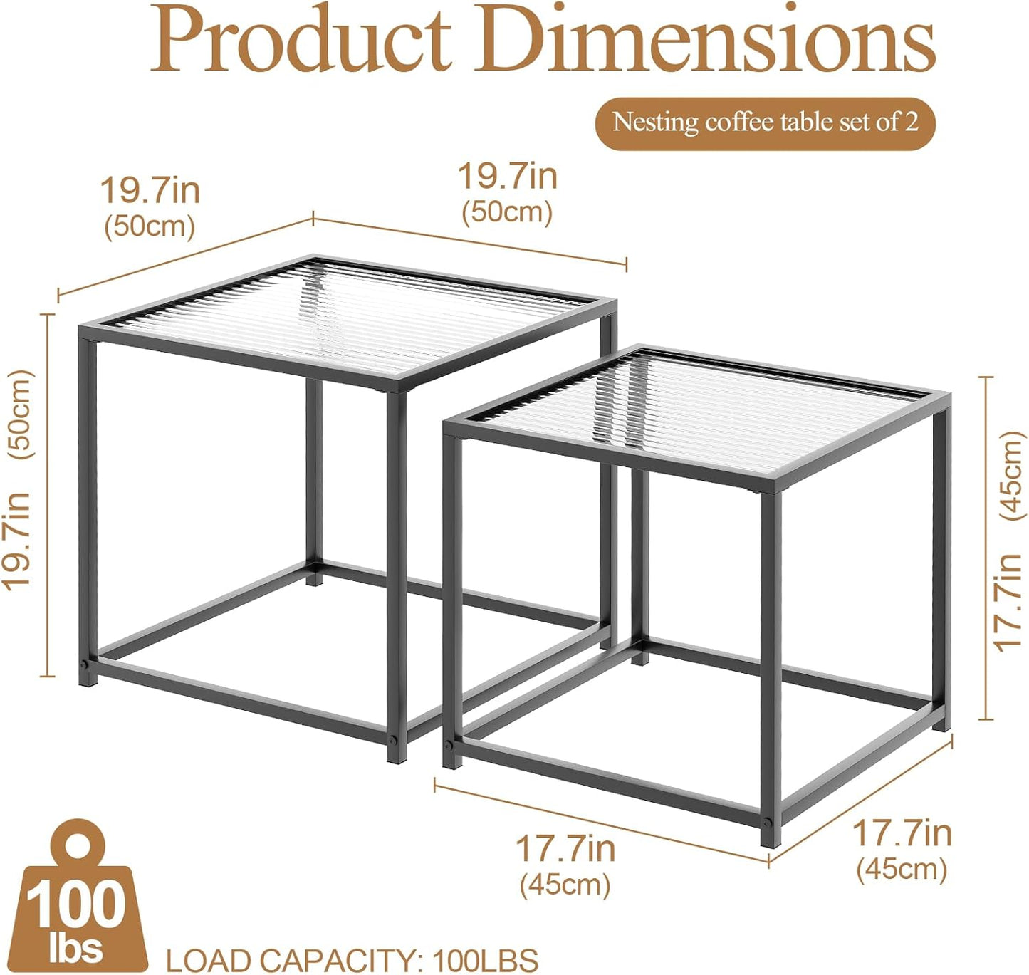 Garden 4 you Coffee Table Set of 2, Modern Patterned Glass Nesting Table, Metal Frame Square Center Table Set, Side Tables, Nesting Coffee Table for Living Room, Bedroom and Small Spaces, 19.7in Black