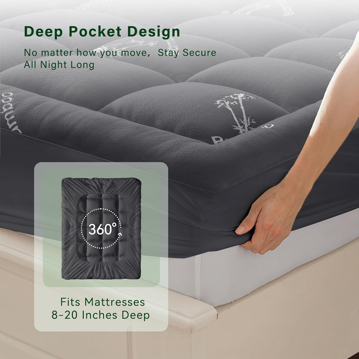 Anluoer Memory Foam Mattress Topper Queen for Back Pain, Rayon Derived from Bamboo Pillow Top Mattress Topper for Hot Sleepers,Cooling Mattress Pad with 8-21" Deep Pocket, 60x80 Inches, Dark Grey