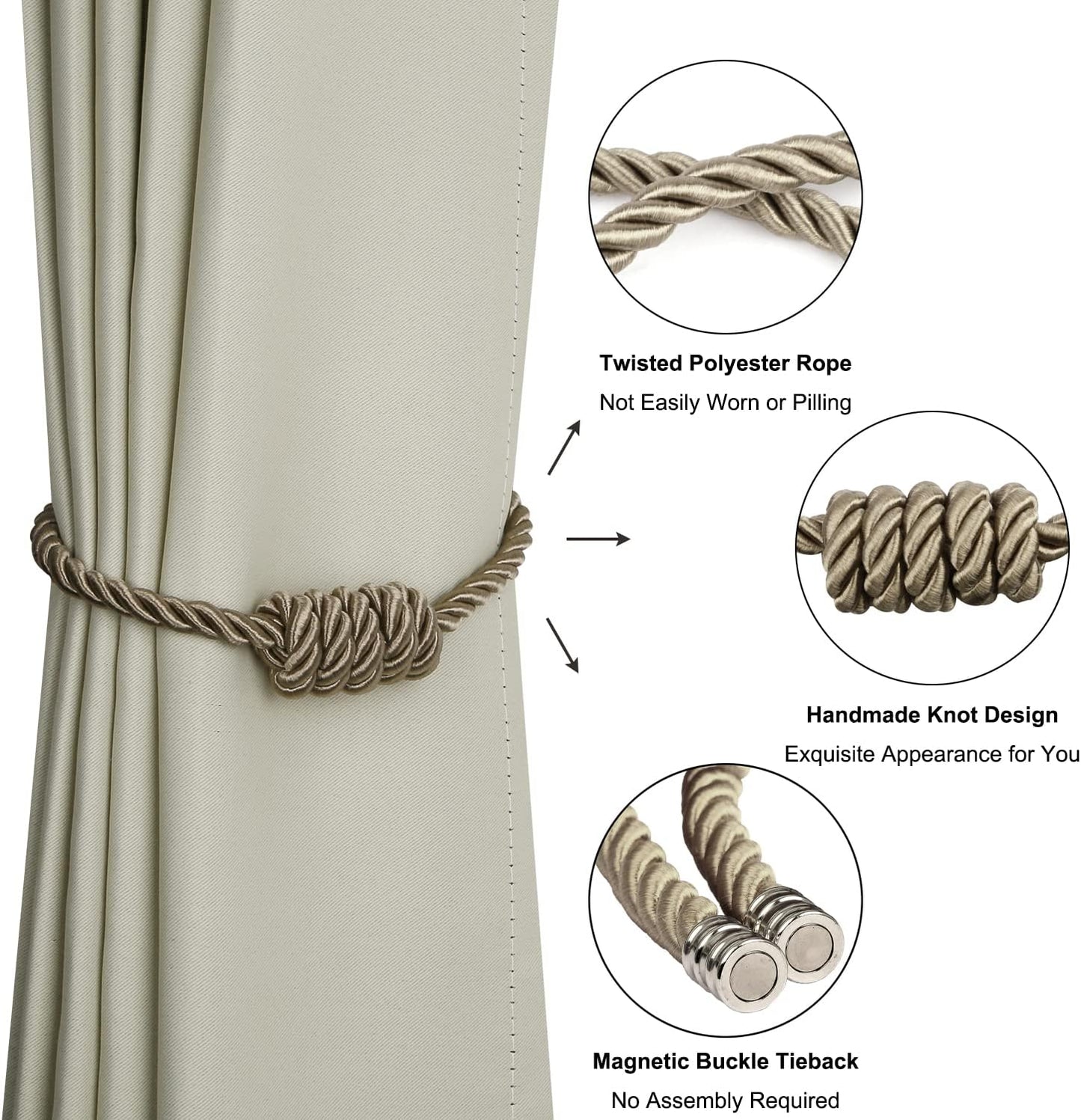 BEL AVENIR Magnetic Curtain Tiebacks, Decorative Drapery Holdbacks Modern Woven Tie-Backs with Exquisite Knot (Flaxen, 6 Pack)