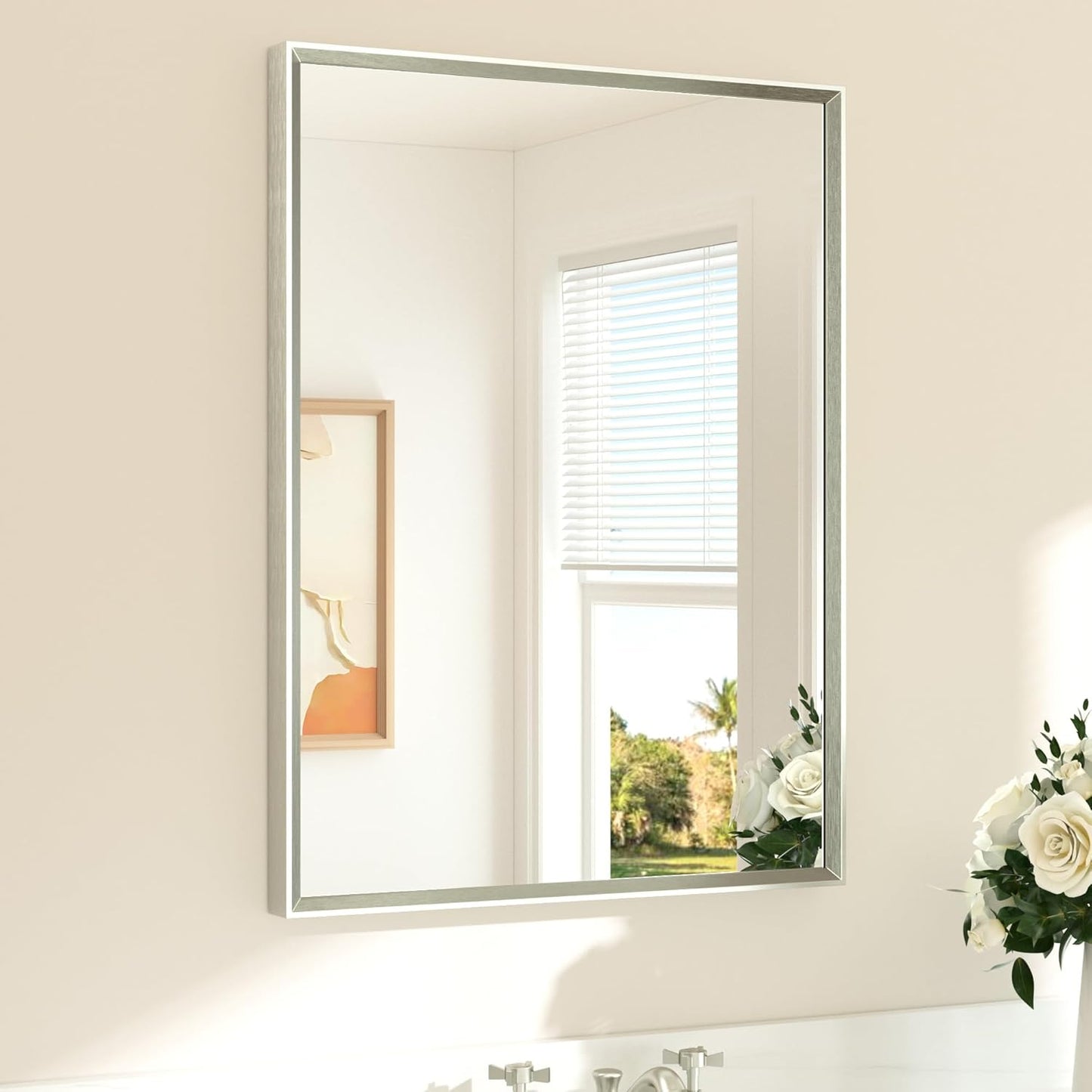 TETOTE Brushed Nickel Mirror for Bathroom Sink 24" x 32" Beveled Frame Brushed Nickel Vanity Rectangle Mirror for Bathroom Wall, Modern Farmhouse, Tempered Glass, Shatterproof, Stronger Frame