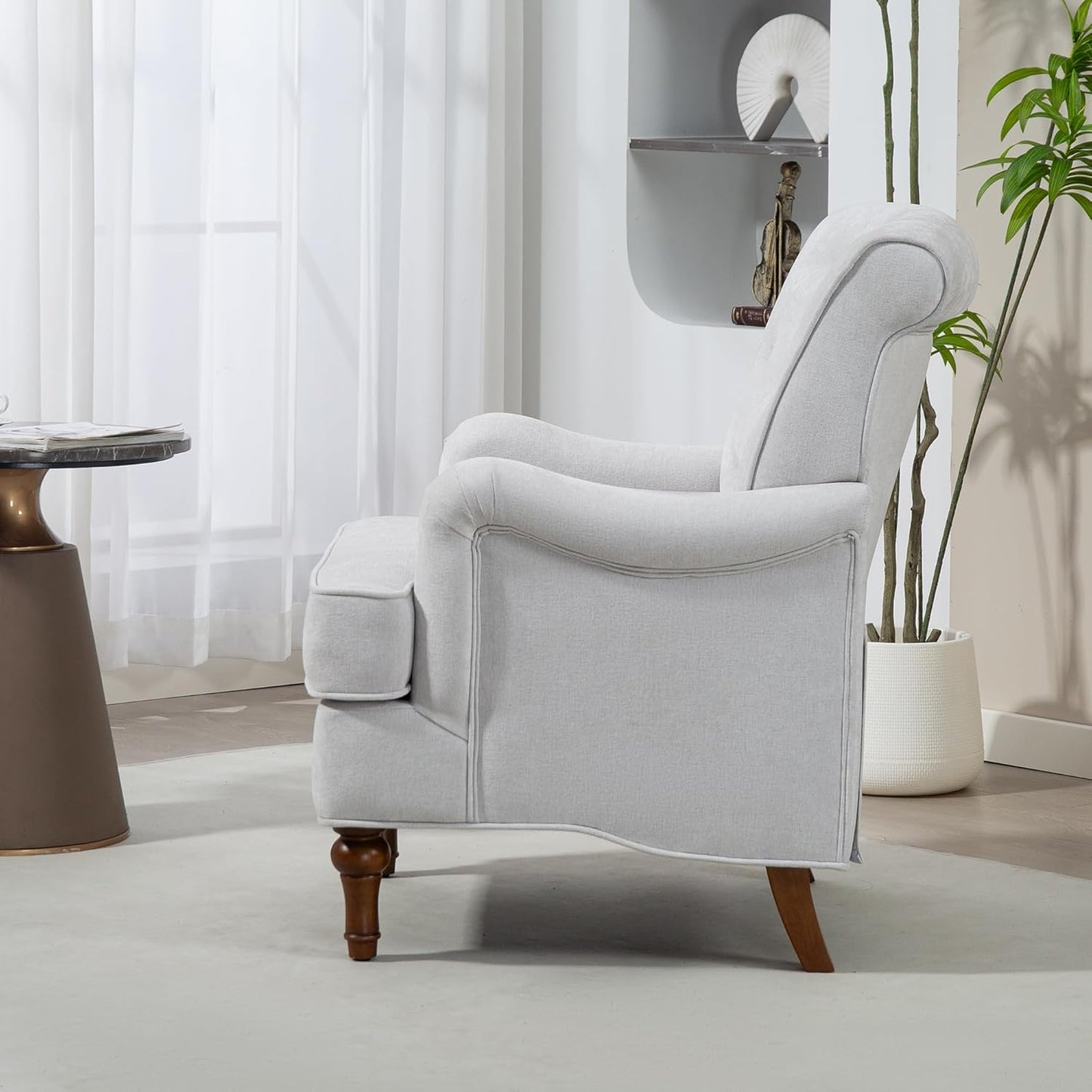 Ball & Cast Comfy Chenille Club Sofa Living Room Chairs,Accent Chair with Springs Cushions & Retro Wooden Legs,Reading Armchair for Bedroom,Office,Oatmeal