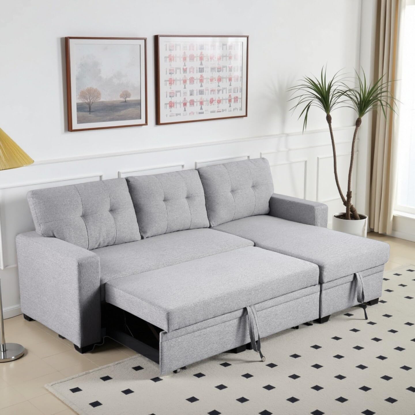 L-Shape Sofa Bed, 82" Sectional Couch with Storage Chaise, Pull Out Sleeper Sofa with Removable Back Cushions, Convertible Corner Couch for Living Room Apartment, Gray
