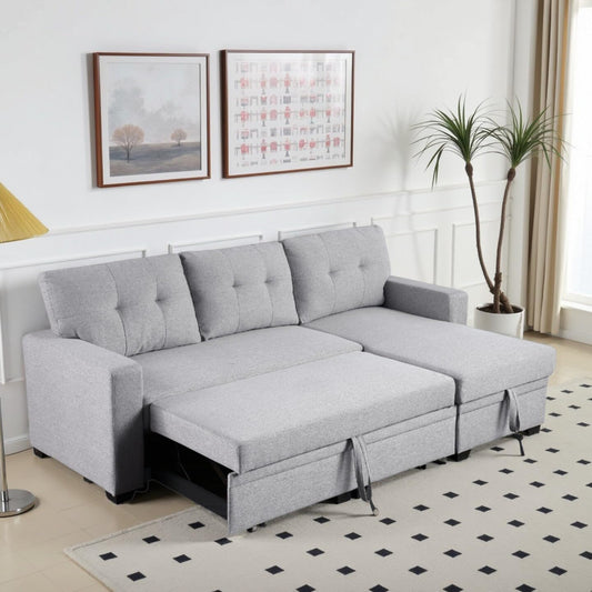 L-Shape Sofa Bed, 82" Sectional Couch with Storage Chaise, Pull Out Sleeper Sofa with Removable Back Cushions, Convertible Corner Couch for Living Room Apartment, Gray
