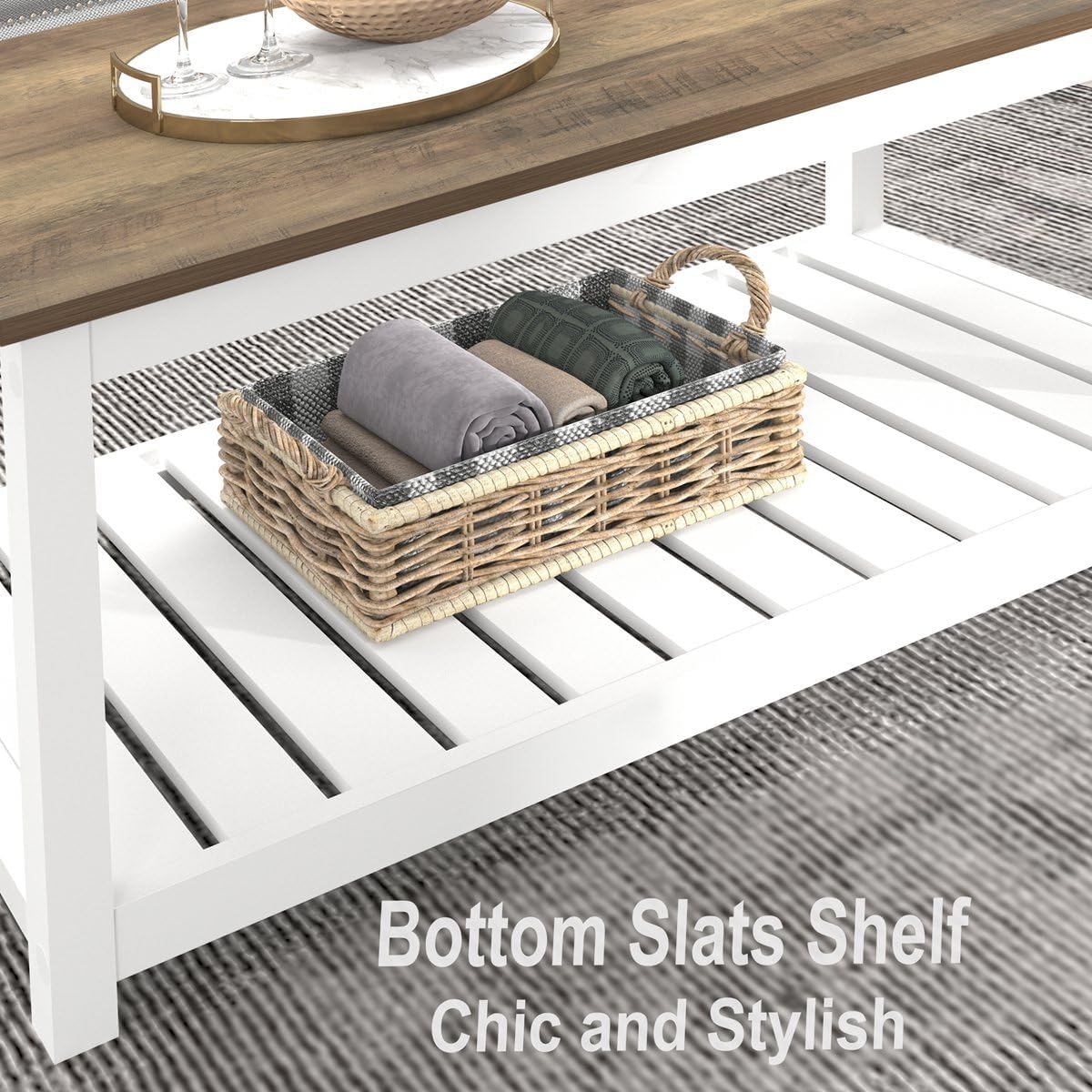FOLUBAN Farmhouse Coffee Table with Storage Shelf, Rustic Vintage Wood Cocktail Table for Living Room, White
