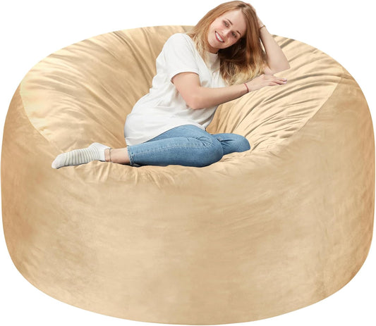 Homguava 5FT Bean Bag Chair Giant BeanBag with Memory Foam Filled, Comfy Bean Bag Chairs for Adults, Adult Bean Bag Chair with Dutch Velvet Cover for Living Room Bedroom-Khaki