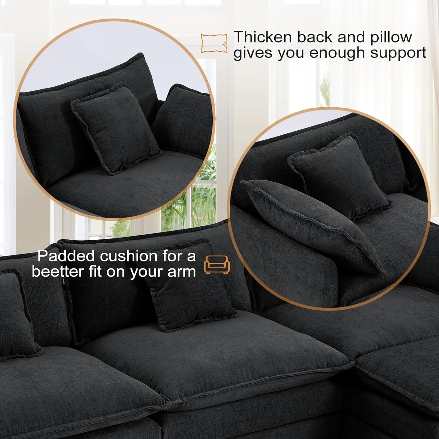 Furniliving Oversized Accent Chairs with Ottoman, Luxury Chenille Single Sofa Couch, Upholstered Deep Seat Chaise Lounge with Pillows for Living Room, Bedroom, Apartment, Black