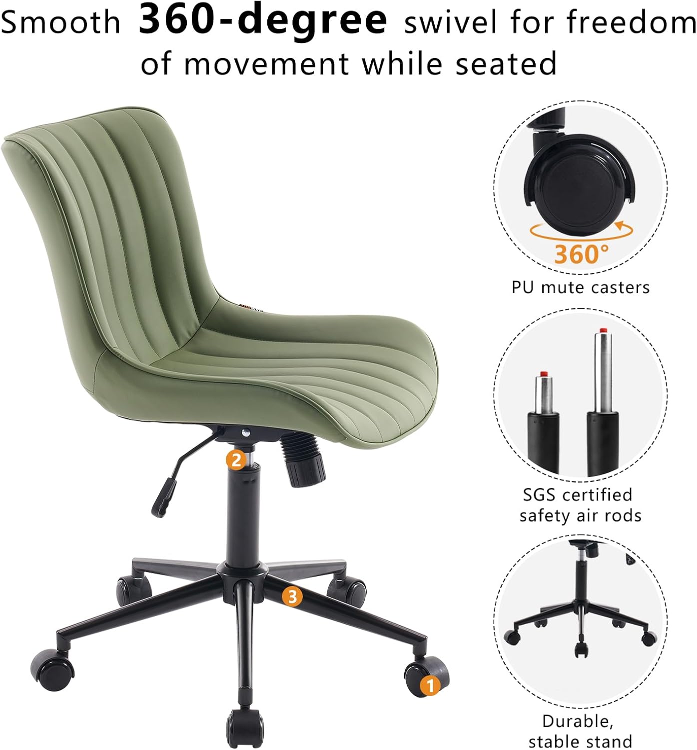 YOUNIKE Armless Home Office Desk Chair with Wheels Compact Comfy Vanity Chair with Adjustable Back Modern Small Leather Upholstered Rolling Swivel Cute Task Drafting Sewing Chair No Arms Olive Green