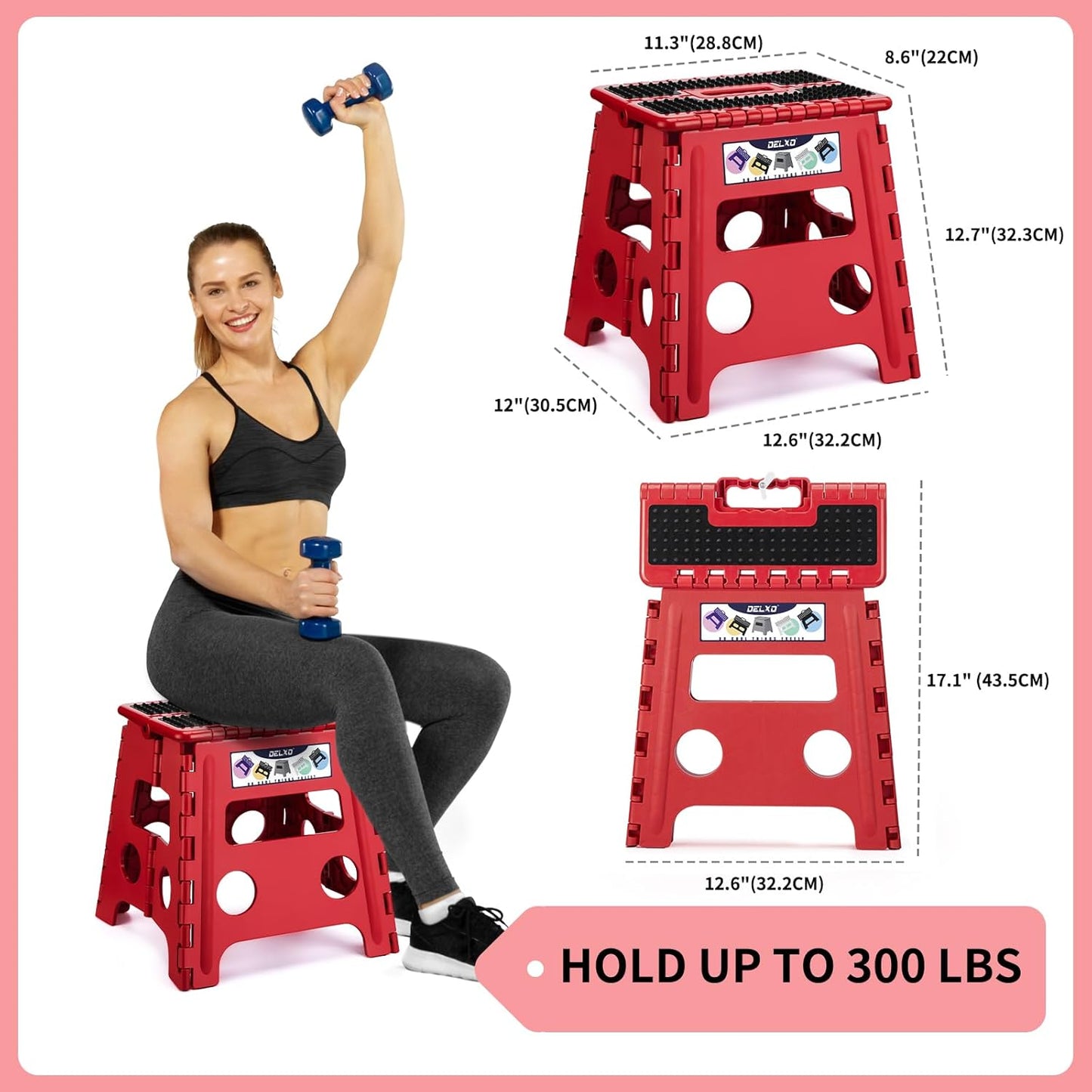 Delxo Folding Step Stool,Non-Slip Stool 13 inch Height Premium Heavy Duty Foldable Stool,Kitchen Garden Bathroom Steppingstool 1 Pack in Red,Dotted Texture