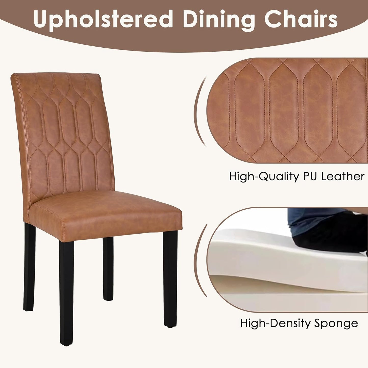 VECELO Upholstered Dining Chairs Set of 4, Modern PU Leather Accent Parsons, Solid Wood Legs w/Rubber Footpads, for Living Room Kitchen, Brown