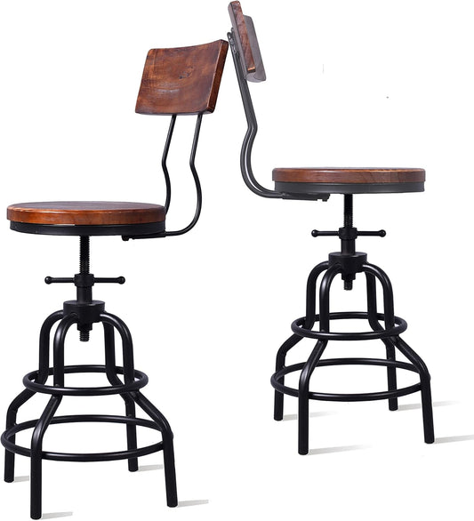 Diwhy Industrial Vintage Counter Stool, Kitchen Counter Height Adjustable Swivel Chair, Metal Frame Stool, with Wood Backrest, 20.47-26.77 Inch, Fully Welded Base, Set of 2