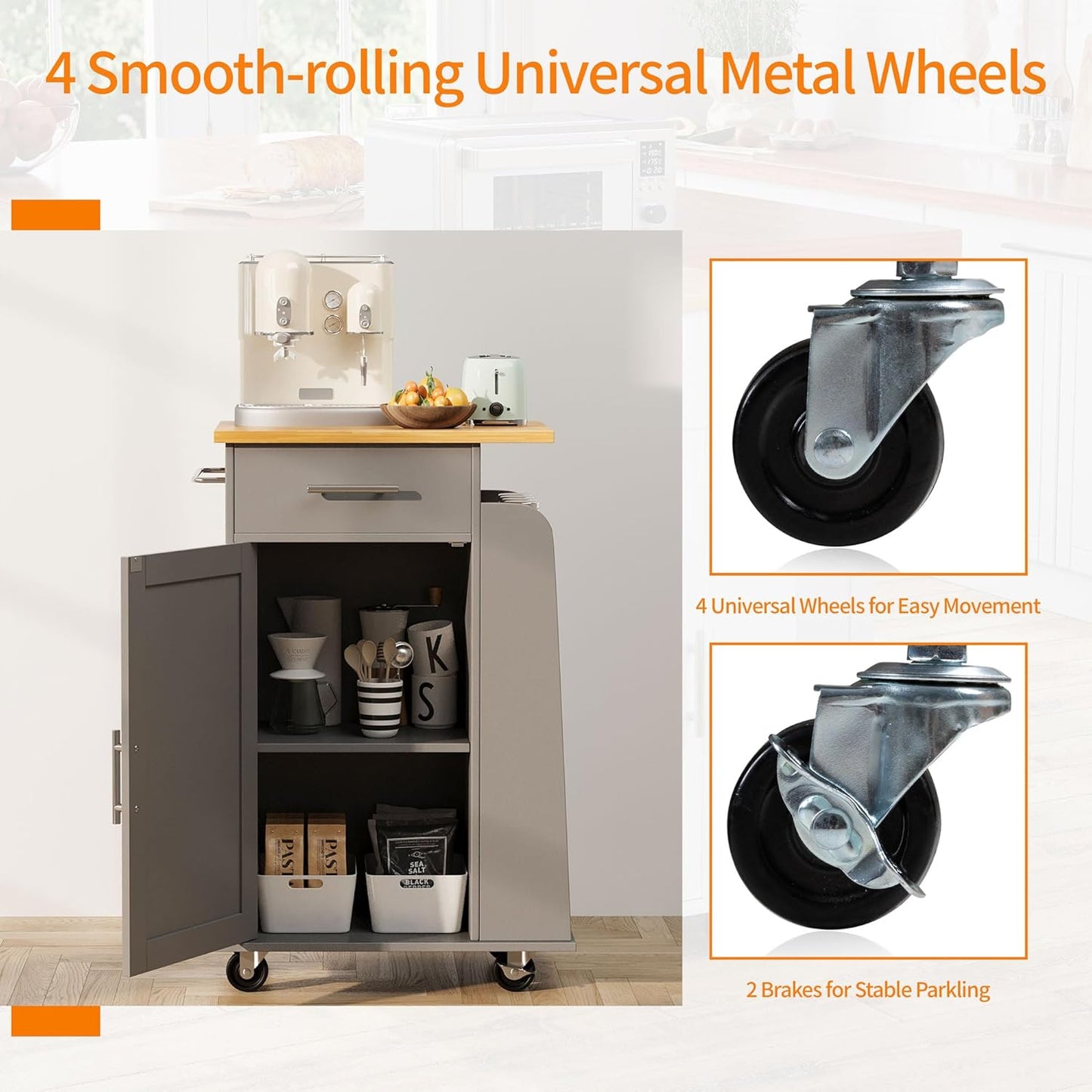 Shintenchi Small Kitchen Island on Wheels with 3-Tier Side Spice Rack and Rubber Wood Top, Trolley Cart with Storage Cabinet & Drawer and Handle/Towel Rack, Gray