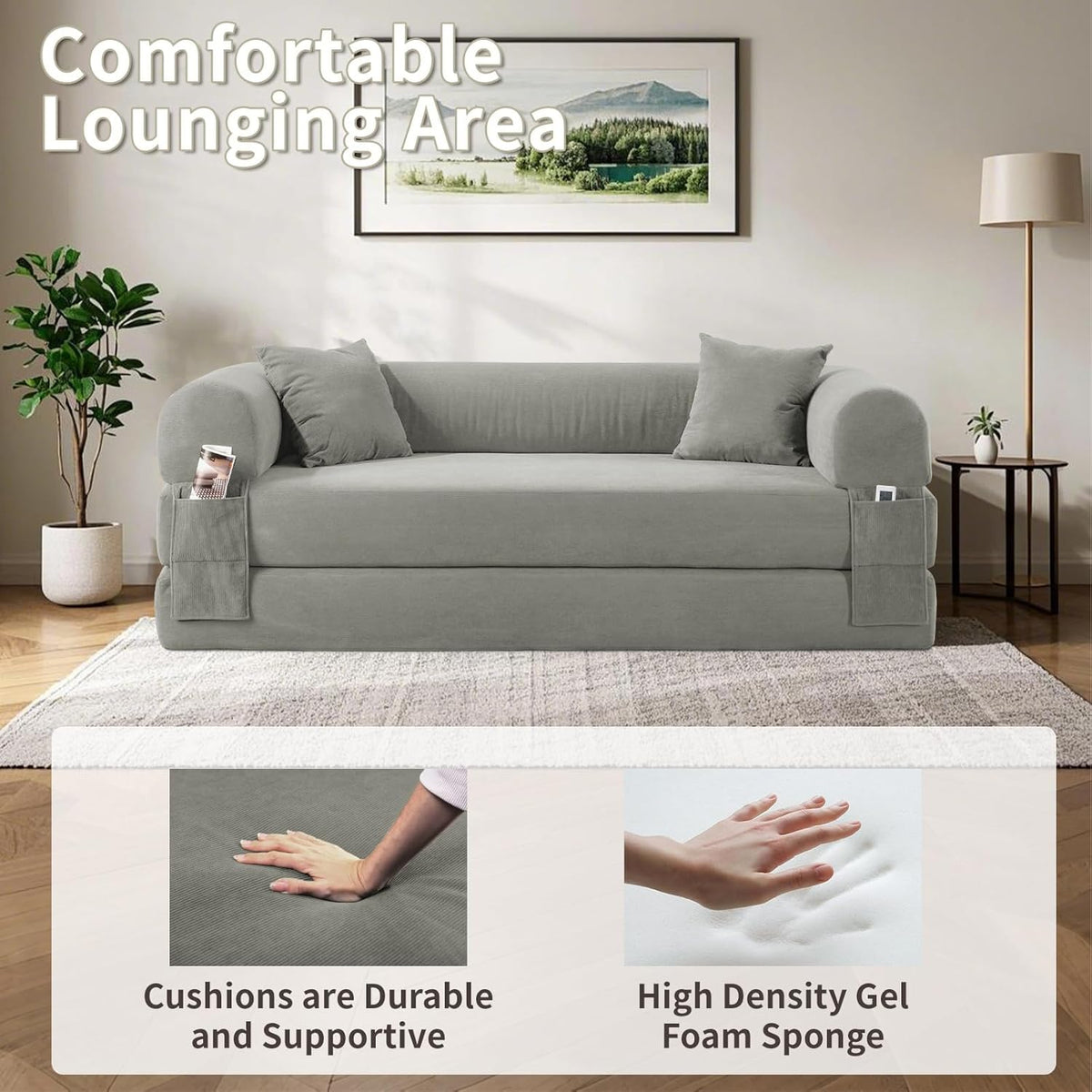 80" Convertible Sofa Bed, Corduroy Deep Seat Folding Pull Out Couch with Pillows, No Assembly Modern Boneless Couch Compression Sofa in Box, Floor Sofa with Storage Pocket for Living Room,Light grey