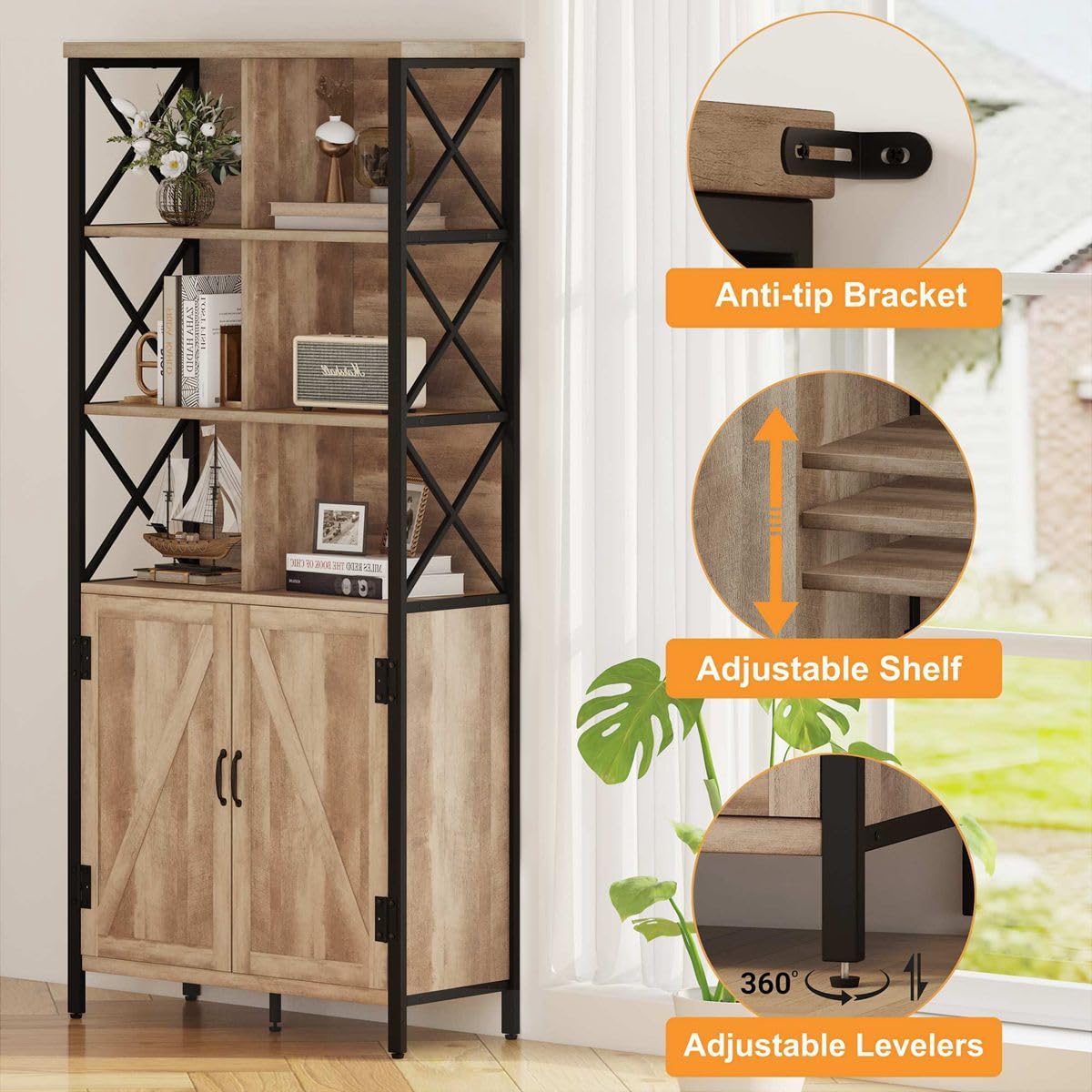 FATORRI Rustic Tall Bookshelf with Doors, Industrial Farmhouse Bookcase with Storage, 6 Cube Storage Organizer Book Shelf for Living Room, Home Office (Rustic Oak, 67 Inch)