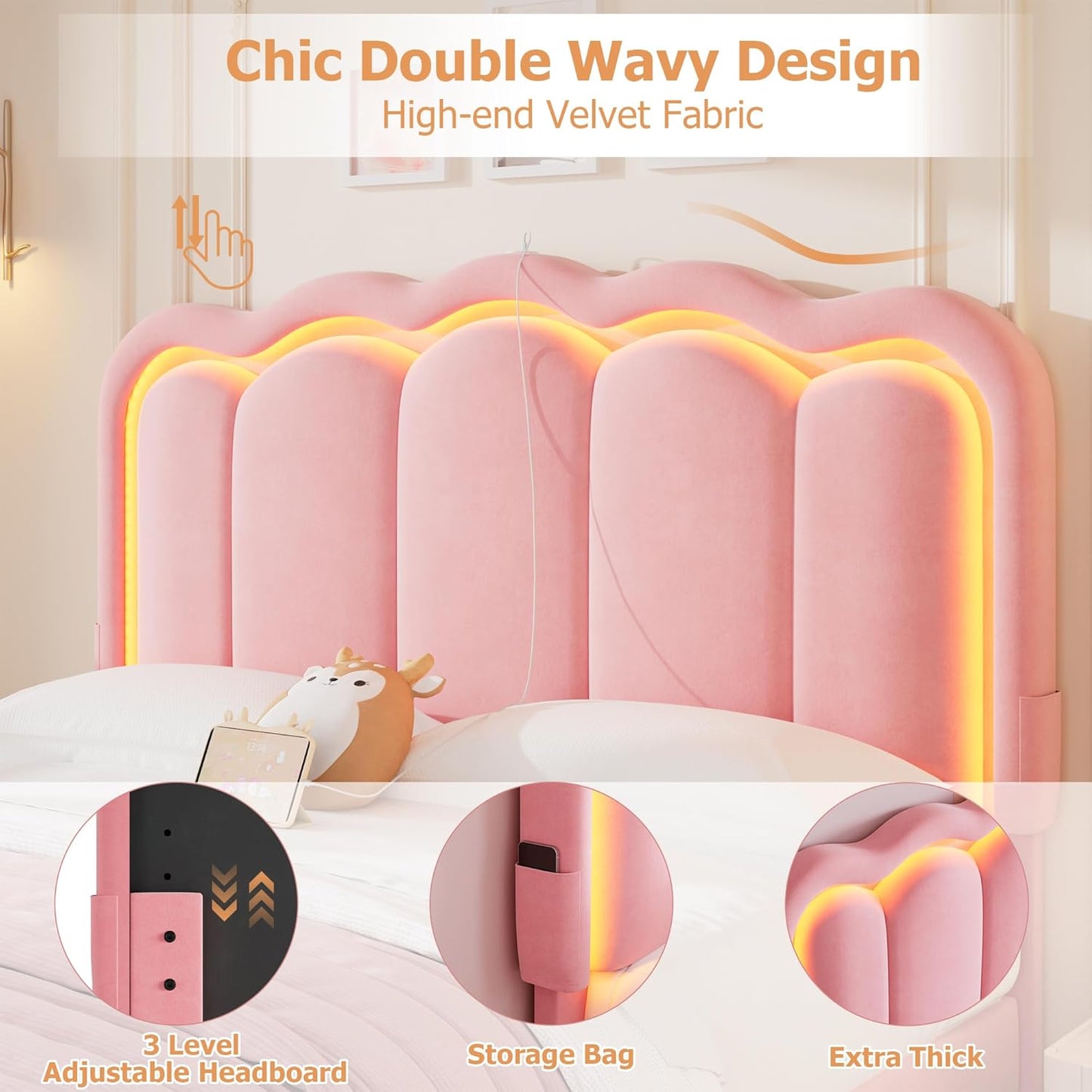 Queen Upholstered LED Bed Frame with 2 Storage Drawers and Adjustable Chic Double Wavy Headboard, Velvet Princess Platform Bed with Charing Station, Solid Wood Slats Support,No Box Spring Needed, Pink