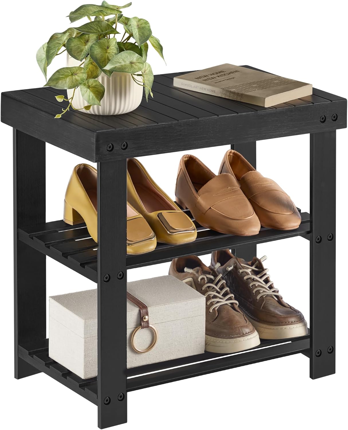 SONGMICS Shoe Rack Bench, 3-Tier Bamboo Shoe Storage Organizer, Entryway Bench, Holds Up to 286 lb, 11.3 x 19.7 x 17.8 Inches, for Entryway Bathroom Bedroom, Ink Black ULBS001B01