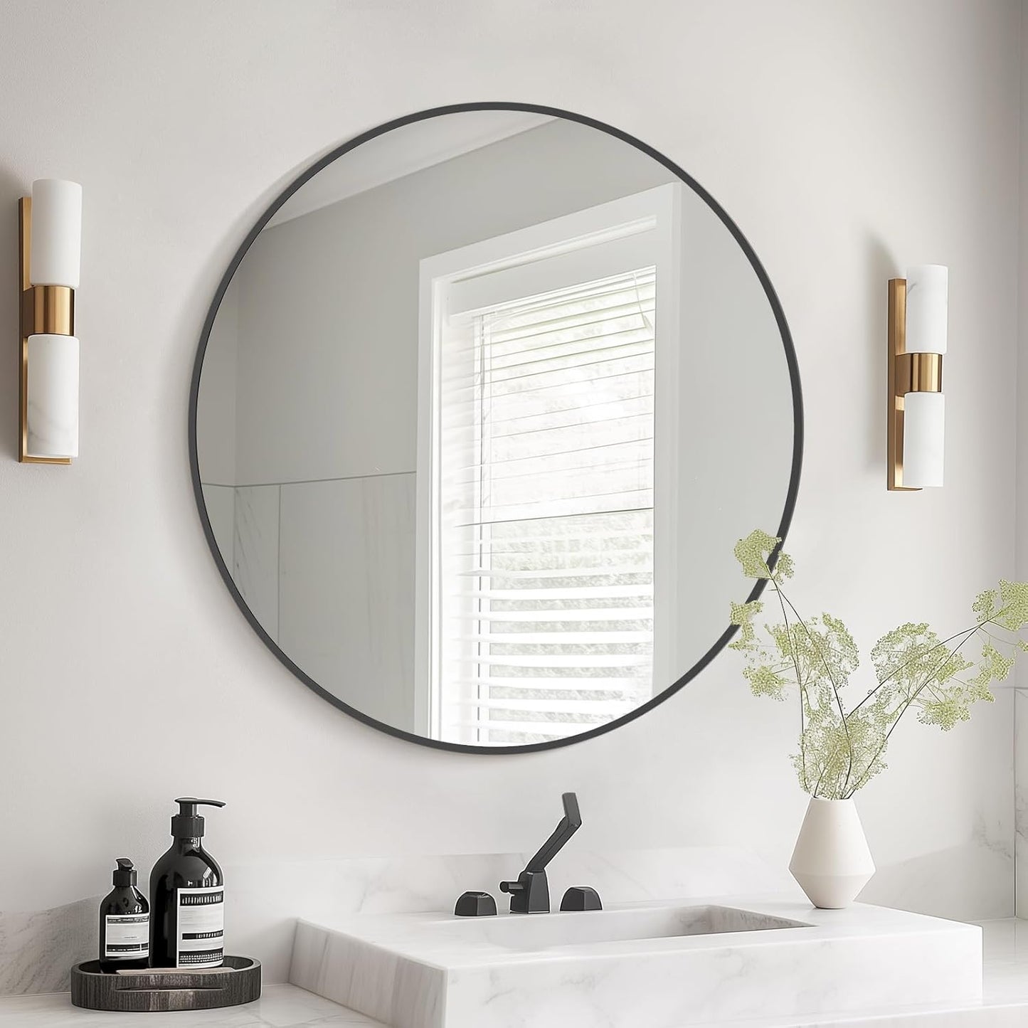 HOMECOOKIN Round Wall Mirror 24" Black Circle Mirror for Bathroom with Metal Framed, Round Gold Mirror for Wall Decor, Vanity, Entryway Living Room