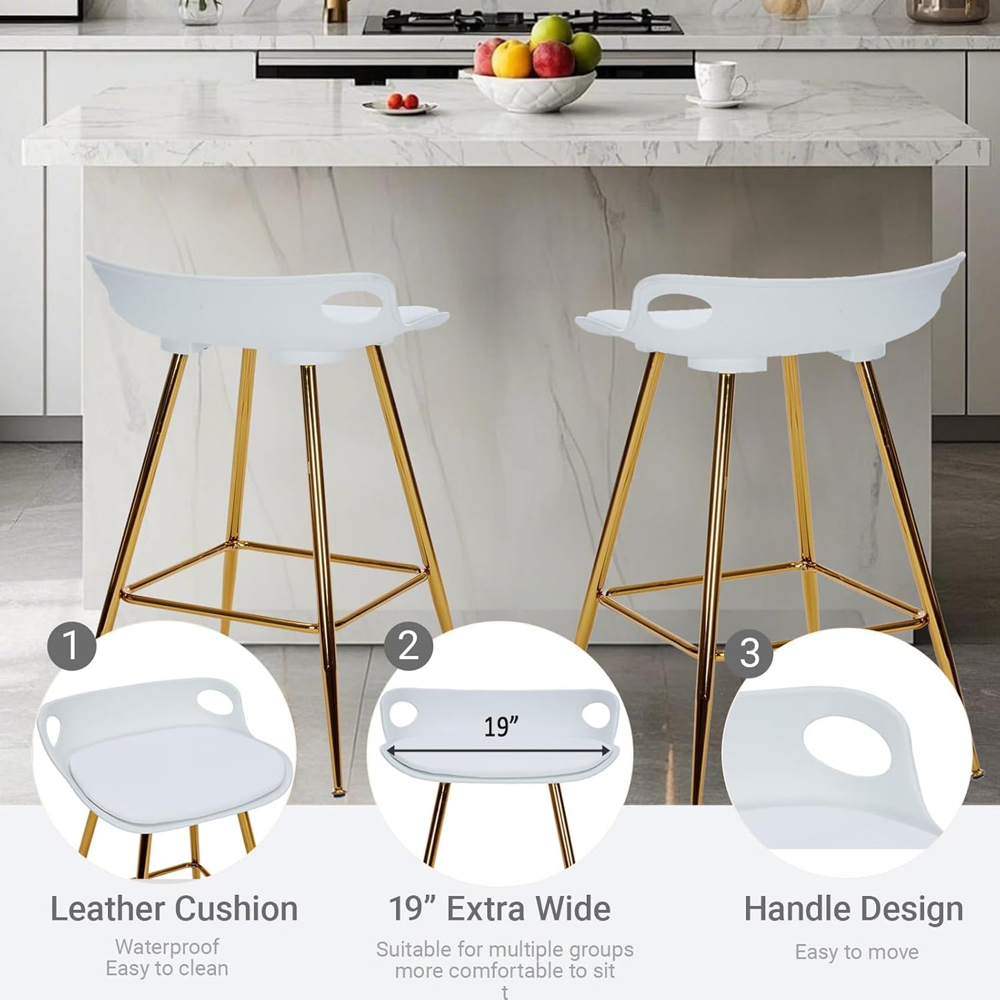 Sidanli Bar Stools Set of 2, Gold Bar Stools, Counter Height Stools with Leather Padded Seats and Footrests, 26 Inch White Barstools for Kitchen Island, Farmhouse or Home Bar