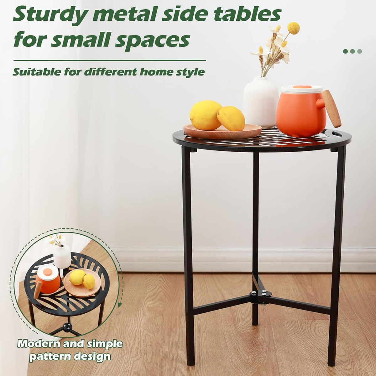 2 Packs 13" Metal Outdoor Side Tables Small Black Outside End Table for Patio Round Accent Garden Corner Stand for Small Spaces Weather-resistant Coffee Table for Balcony Porch Plant Stand