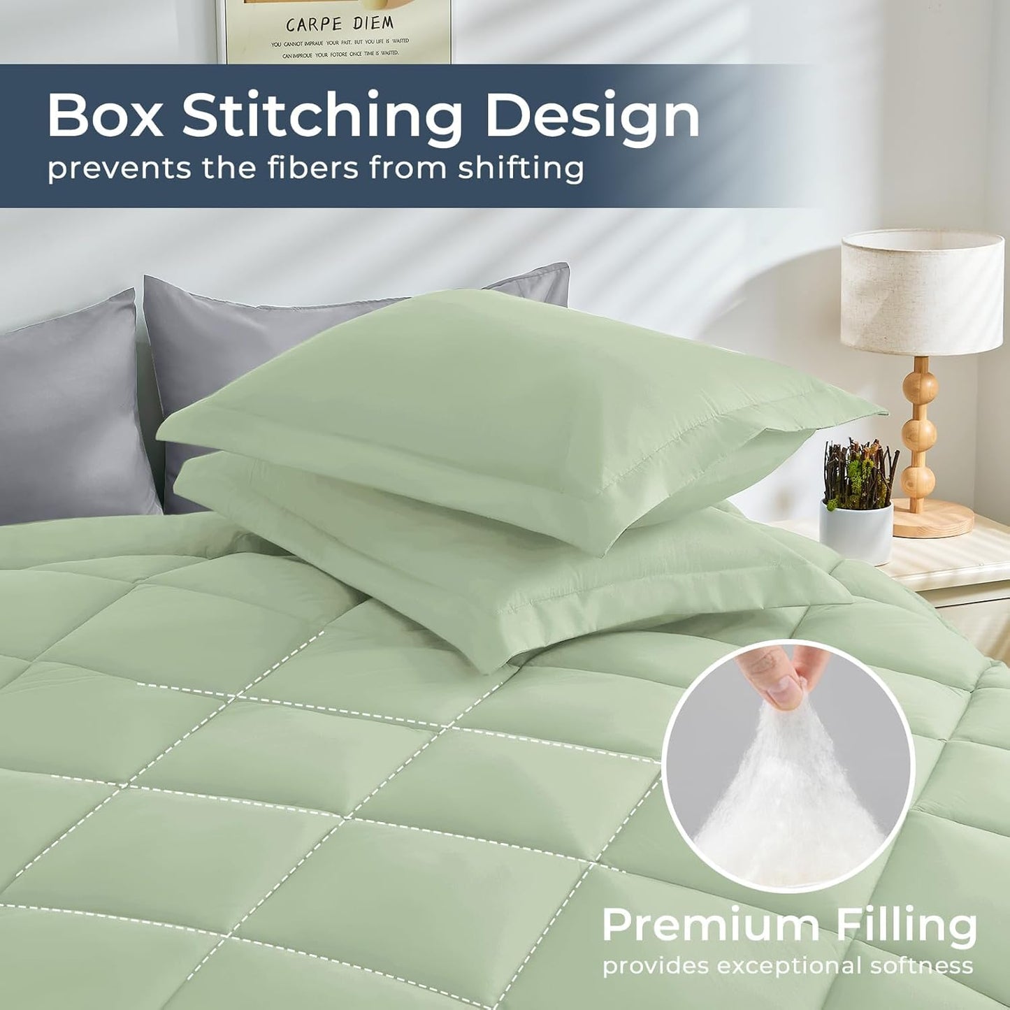 HEVUMYI Full Comforter Set - 7-Piece All Season Bed in a Bag Full, Ultra Soft Bedding Set with Comforter, Flat Sheet, Fitted Sheet, Pillowcases, Pillow Shams, Sage Green & Light Grey