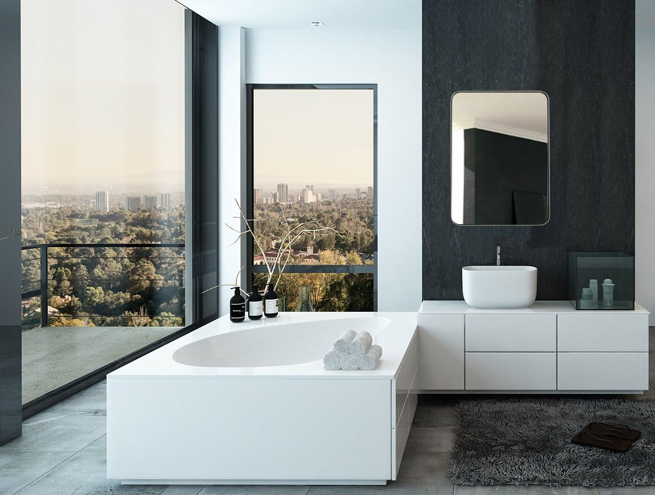 Hamilton Hills 22x30 inch Metal Silver Frame Bathroom Mirror - Brushed Steel Rectangular Rounded Corner Vanity - 2 Inch Deep Set Design - Large Wall Mirror, Hangs Horizontal and Vertical