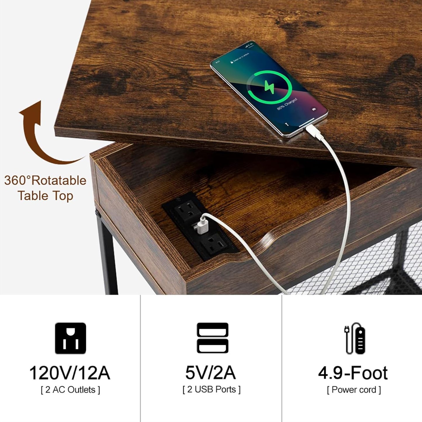 Hadulcet End Table with Charging Station, Couch End Tables Rotating Top Skinny Nightstand with Outlet for Living Room Bedroom Rustic Brown