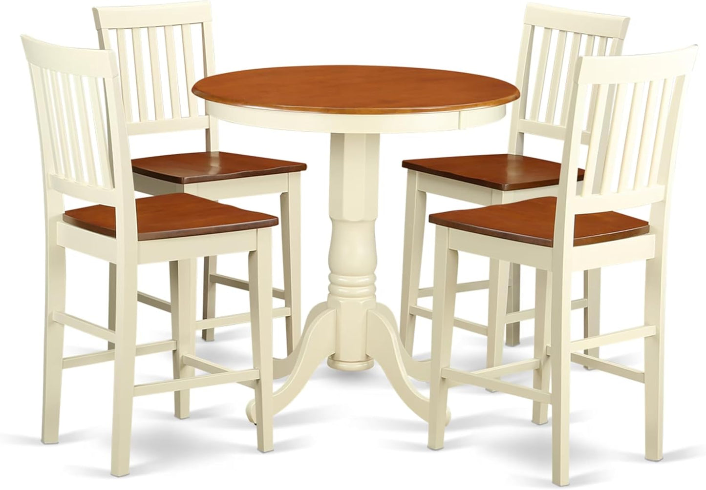 East West Furniture EDVN5-WHI-W 5 Piece Kitchen Counter Height Dining Table Set Includes a Round Wooden Table with Pedestal and 4 Dining Chairs, 30x30 Inch, Buttermilk & Cherry