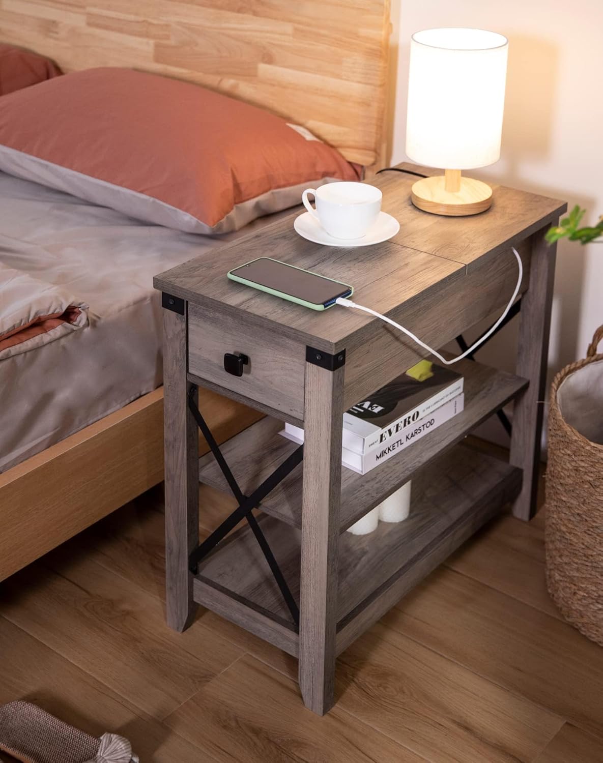 Narrow End Table with Charging Station - Farmhouse Slim Side Table Set of 2, w/USB Ports Power Outlets, Nightstand w/Flip Top Storage Drawer, for Small Spaces Living Room Bedroom, Gray