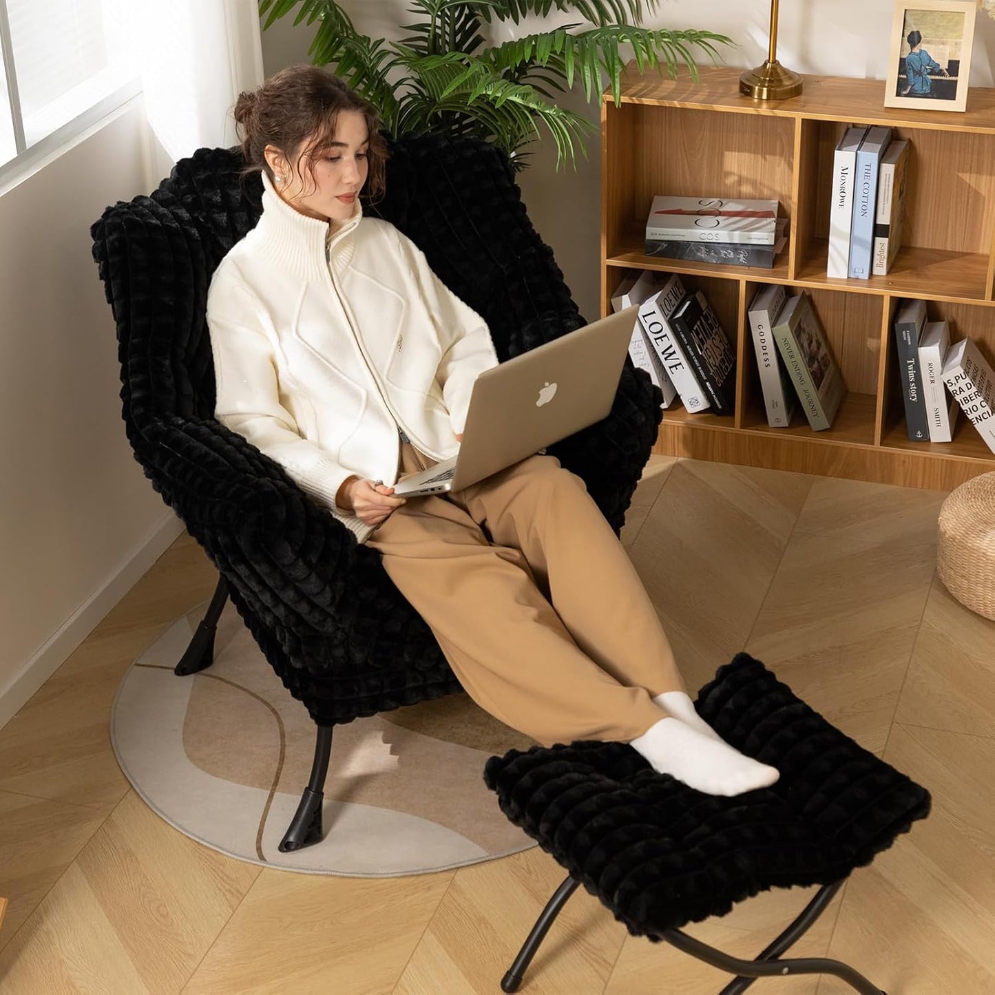 HollyHOME Fabric Lazy Chair with Foldable Ottoman, Accent Comfy Lounge Arm Chair and Folding Footrest Stool Set, Leisure Sofa Reading Chair and Footstool for Living Room, Bedroom, Dorm, Faux-Fur Black