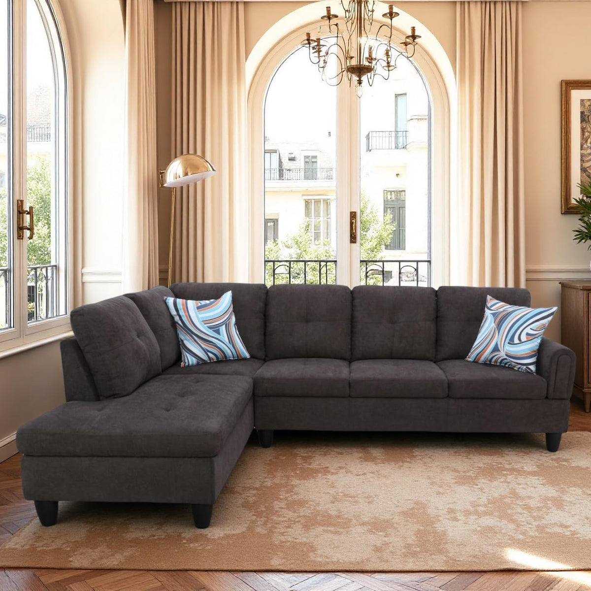 L Shaped Couch Sectional Couches with Chaise, Fluffy Fabric 3 Pieces Modular Convertible Sofa for Living Room Furniture Sets and Small Apartment, Dark Brown