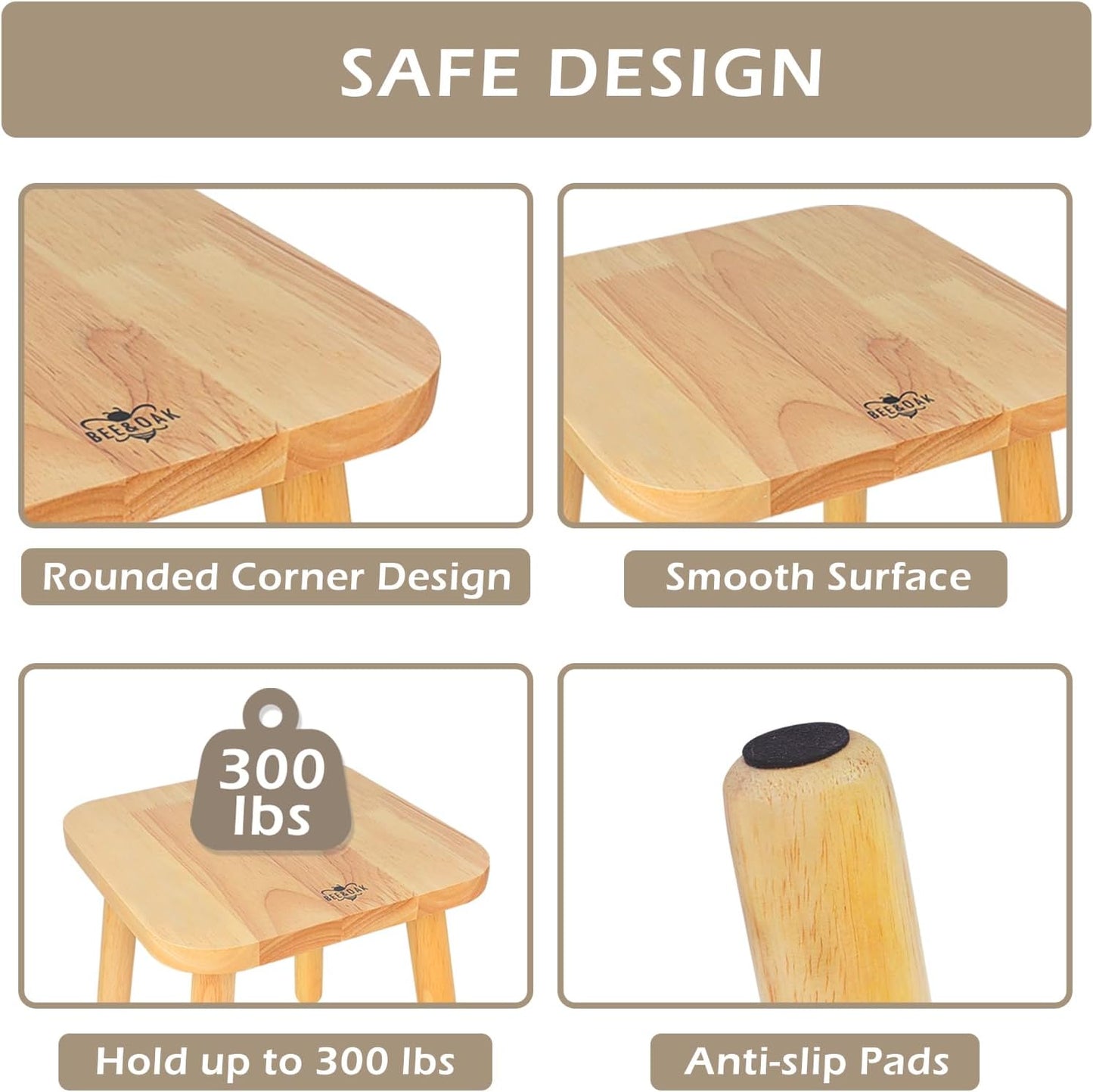 BEE&OAK Wooden Step Stools for Adults, Solid Rubber Wood Non-Slip Step Foot Stool, Heavy Duty 300 lbs One Step Stool for Bedroom, Bathroom, Kitchen,Outdoor (Natural, 11" (D) x 11"(W) x 11.8"(H))