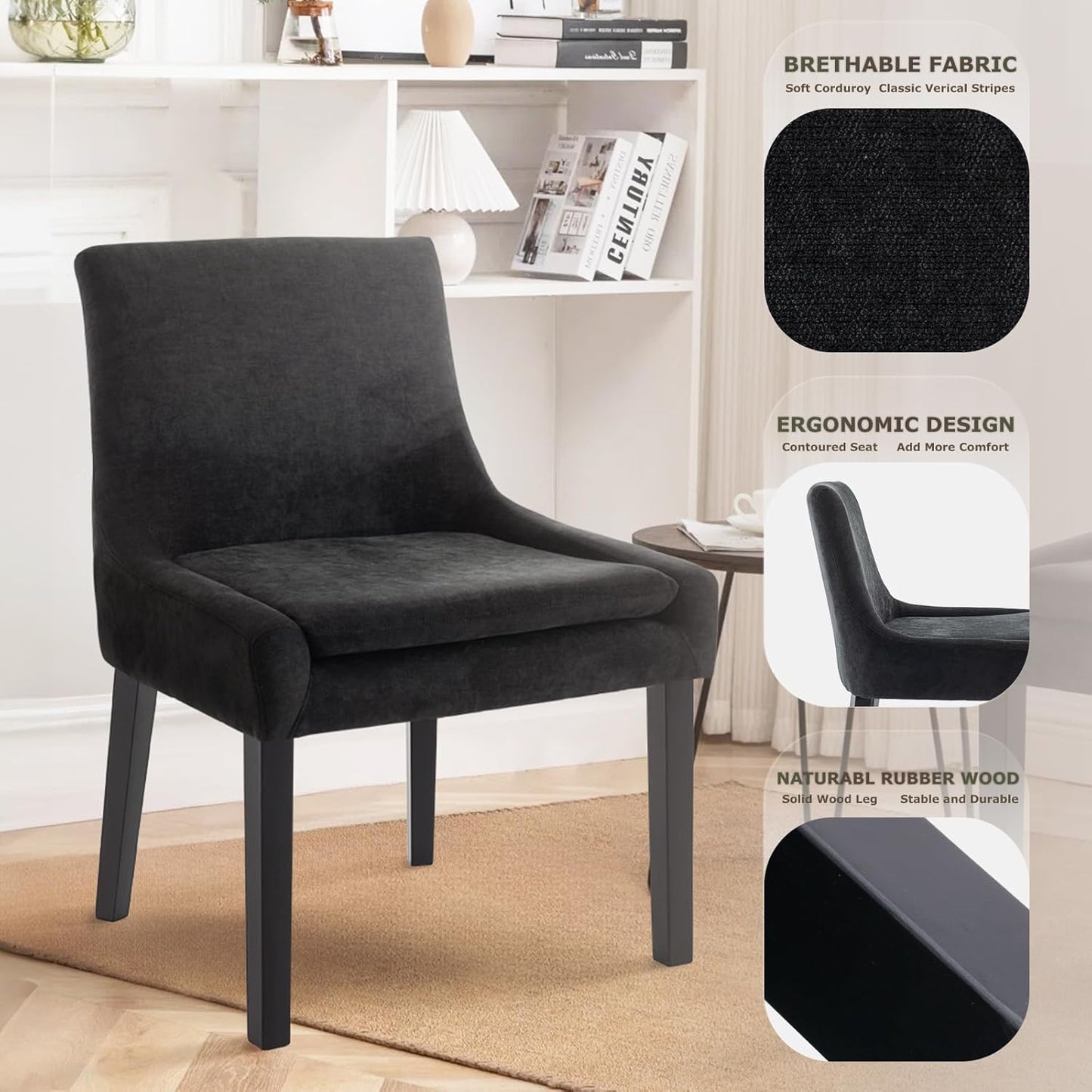 COLAMY Modern Dining Chairs Set of 4, Upholstered Corduroy Accent Side Leisure Chairs with Mid Back and Wood Legs for Living Room/Dining Room-Black