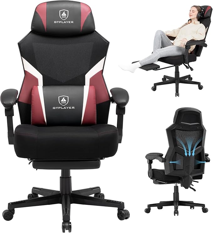 GTPLAYER Gaming Chair, Mesh Office Chairs with Footrest for Adults, Big and Tall Gamer Ergonomic Computer Chair with Height Adjustable (Red)