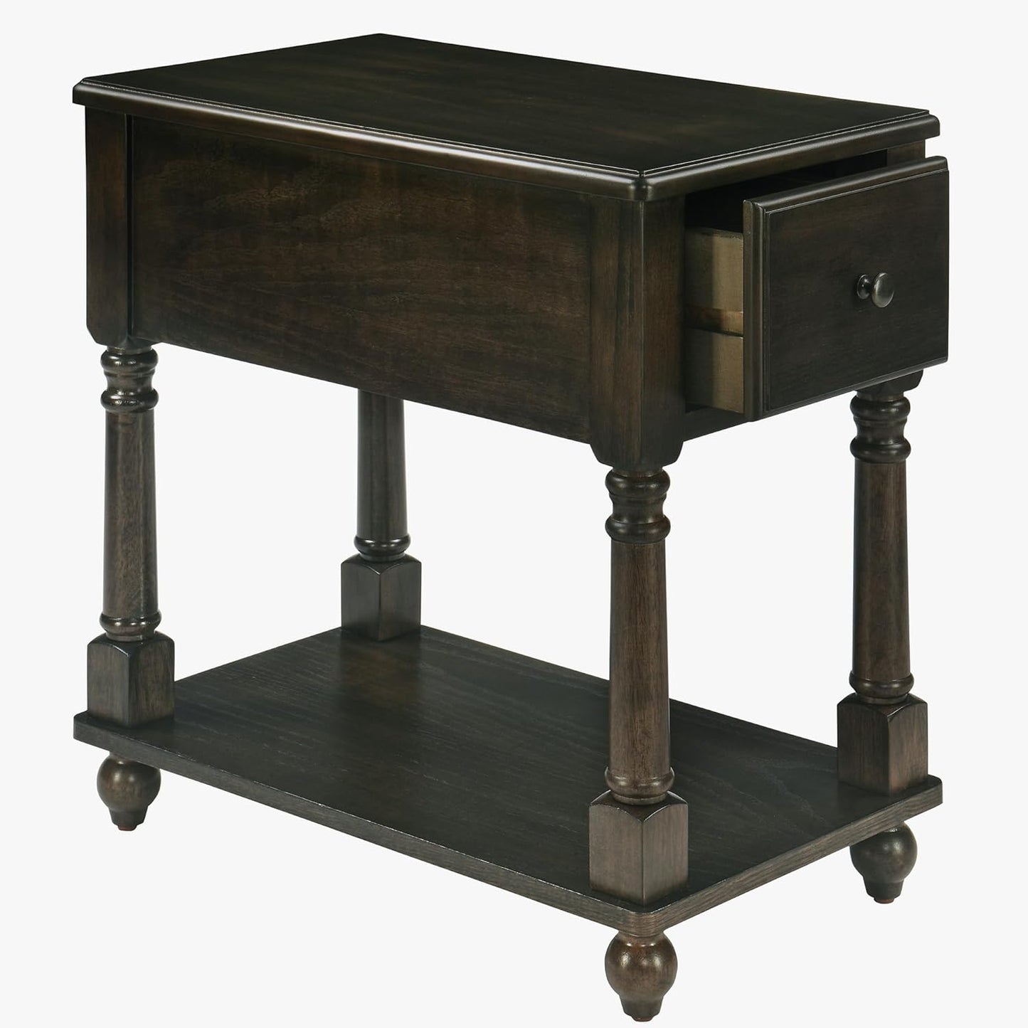 LEEMTORIG Solid Wood End Table Narrow Side Table with Drawer, Cherry Wood End Table Living Room, 13" W Slim Bedside Table Small Nightstand, 22" D x 22.7" H, No-Tools Assembly, Rustic Black BBJ-004-BK