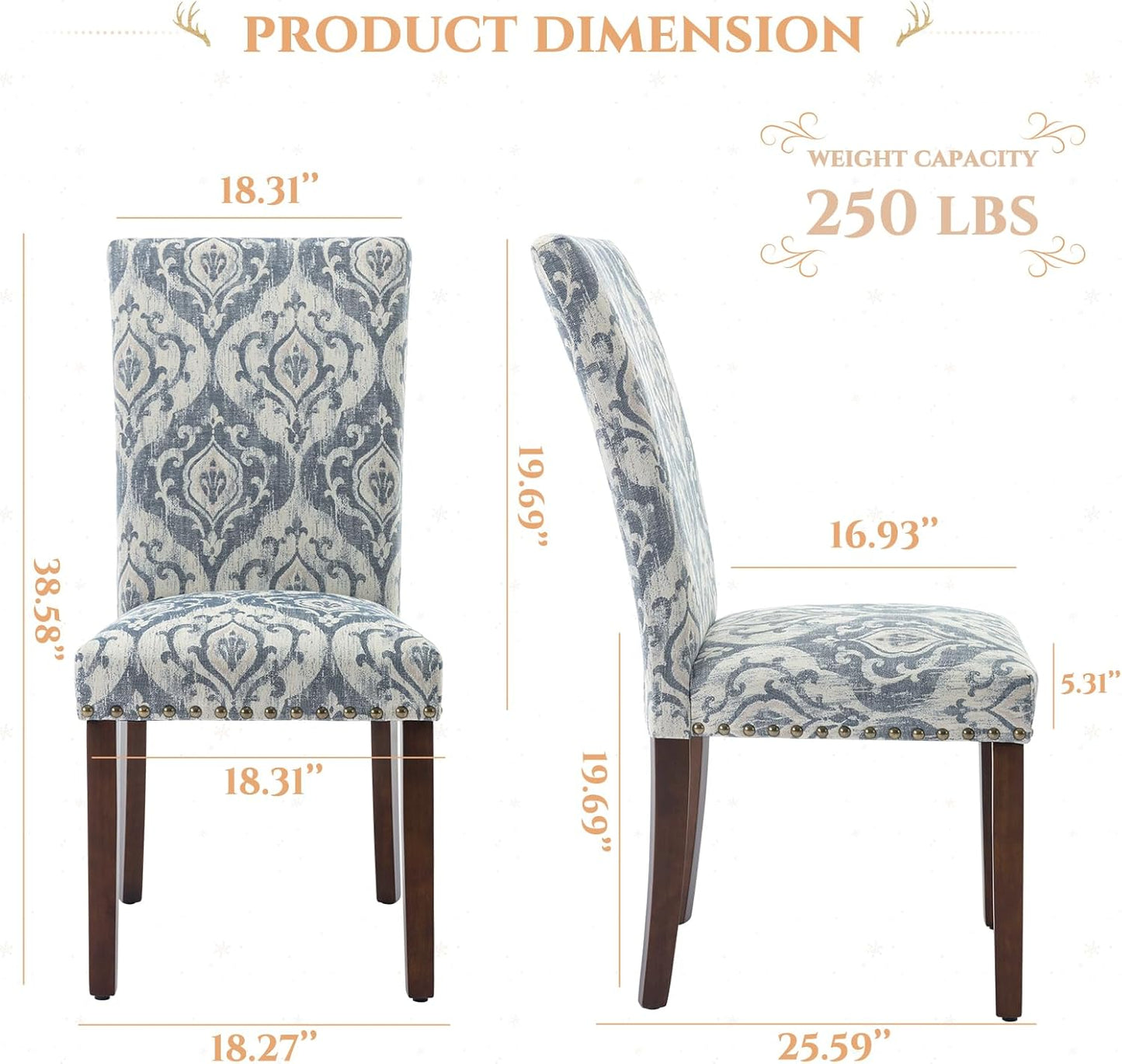 Parsons Dining Chairs Set of 6, Upholstered Nailhead Dining Room Kitchen Side Chair with Thick Cushions and Wood Legs, White/Blue