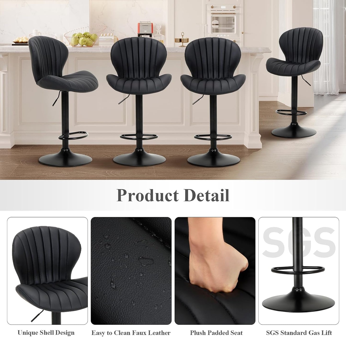 COLAMY Bar Stools Set of 3, Modern Swivel Bar Chairs, Adjustable Faux Leather Upholstered Barstools Counter Height with High Backrest for Bar, Kitchen Island, Dining Room, Black