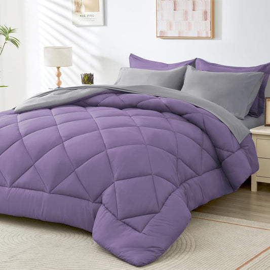 HEVUMYI Cali-King Comforter Set - 7-Piece All Season Bed in a Bag Cali-King, Ultra Soft Bedding Set with Comforter, Flat Sheet, Fitted Sheet, Pillowcases, Pillow Shams, Purple & Light Grey