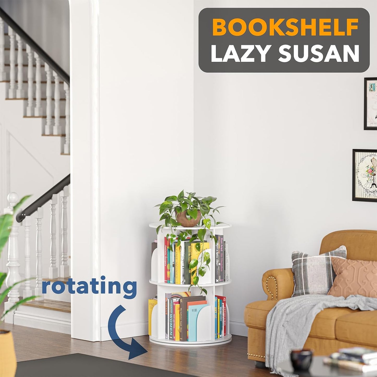 SpaceAid 2 Tier Rotating Bookshelf Tower, Spinning Bookcase Lazy Susan, Revolving 360 Book Shelf Storage Round Carousel, Vertical Rotate Turning Spiral Corner Organizer, White