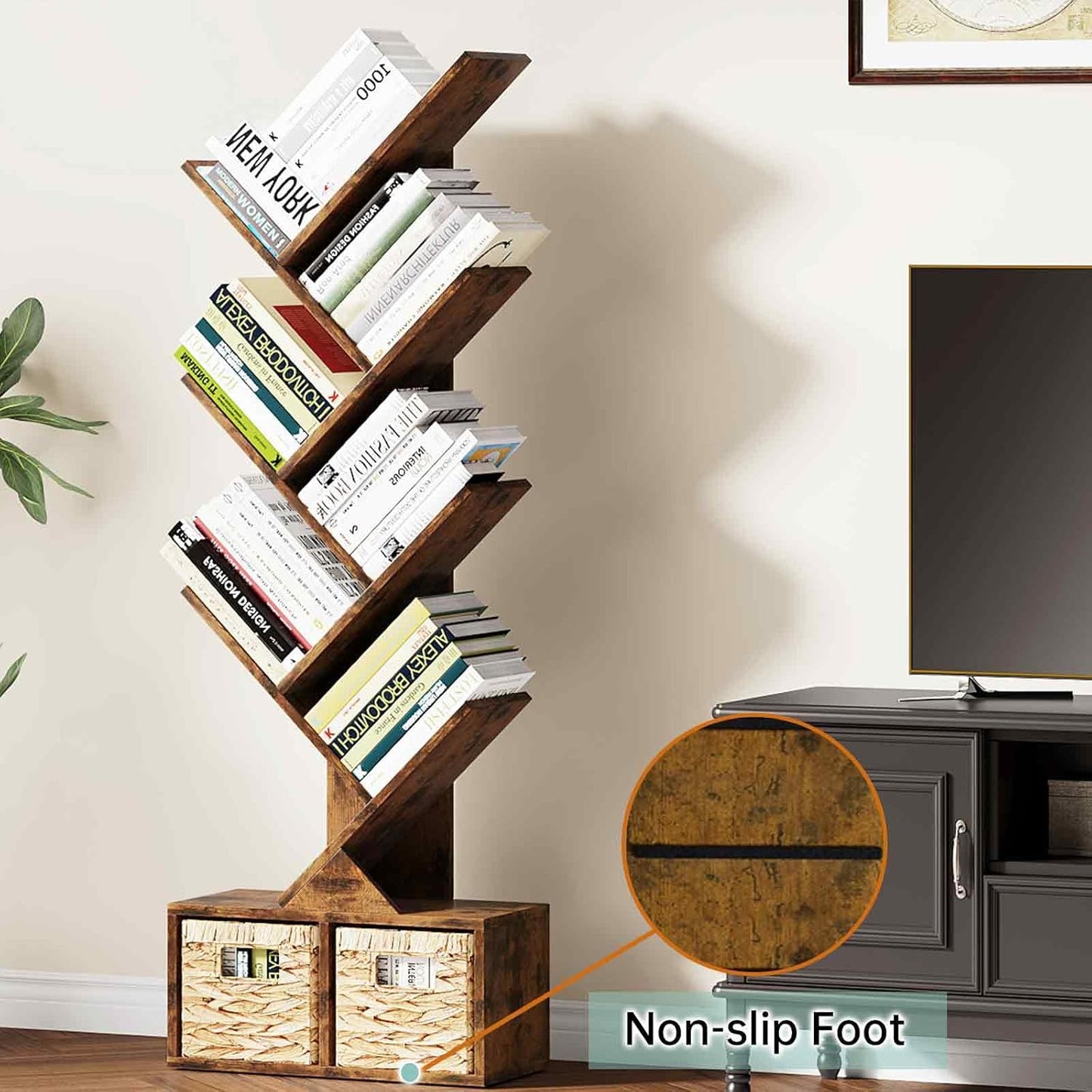 Vagusicc 6 Tier Tree Bookshelf, Small Bookcase with Storage Cabinet, Modern Tall Narrow Bookshelves Organizer, Floor Standing Book Shelf for Bedroom/Living Room/Home Office/Corner, Rustic Brown