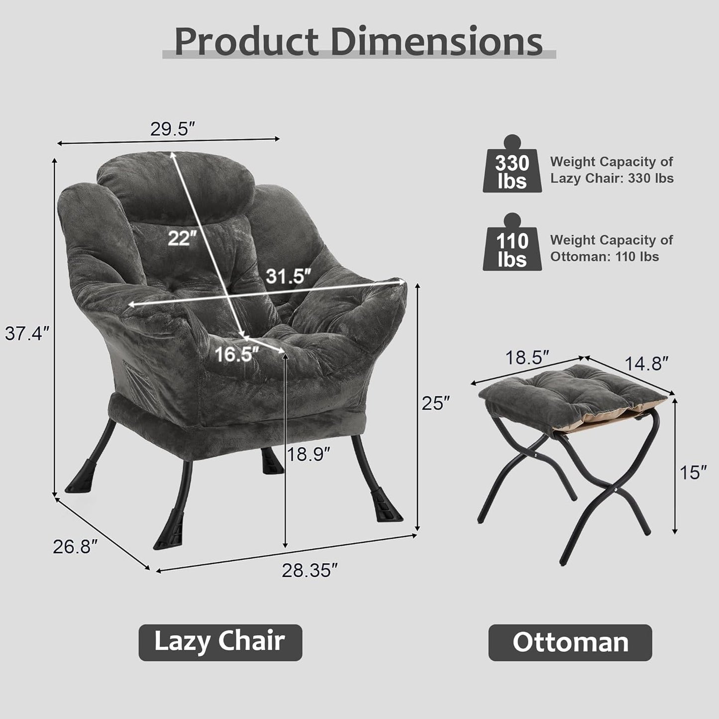 Fabric Lazy Chair with Ottoman, Oversized Upholstered Sofa Chair for Adults, Plush Comfy Lounge Chair with Large Side Storage Pocket, Reading Chair for Living Room, Bedroom, Office, Dark Gray