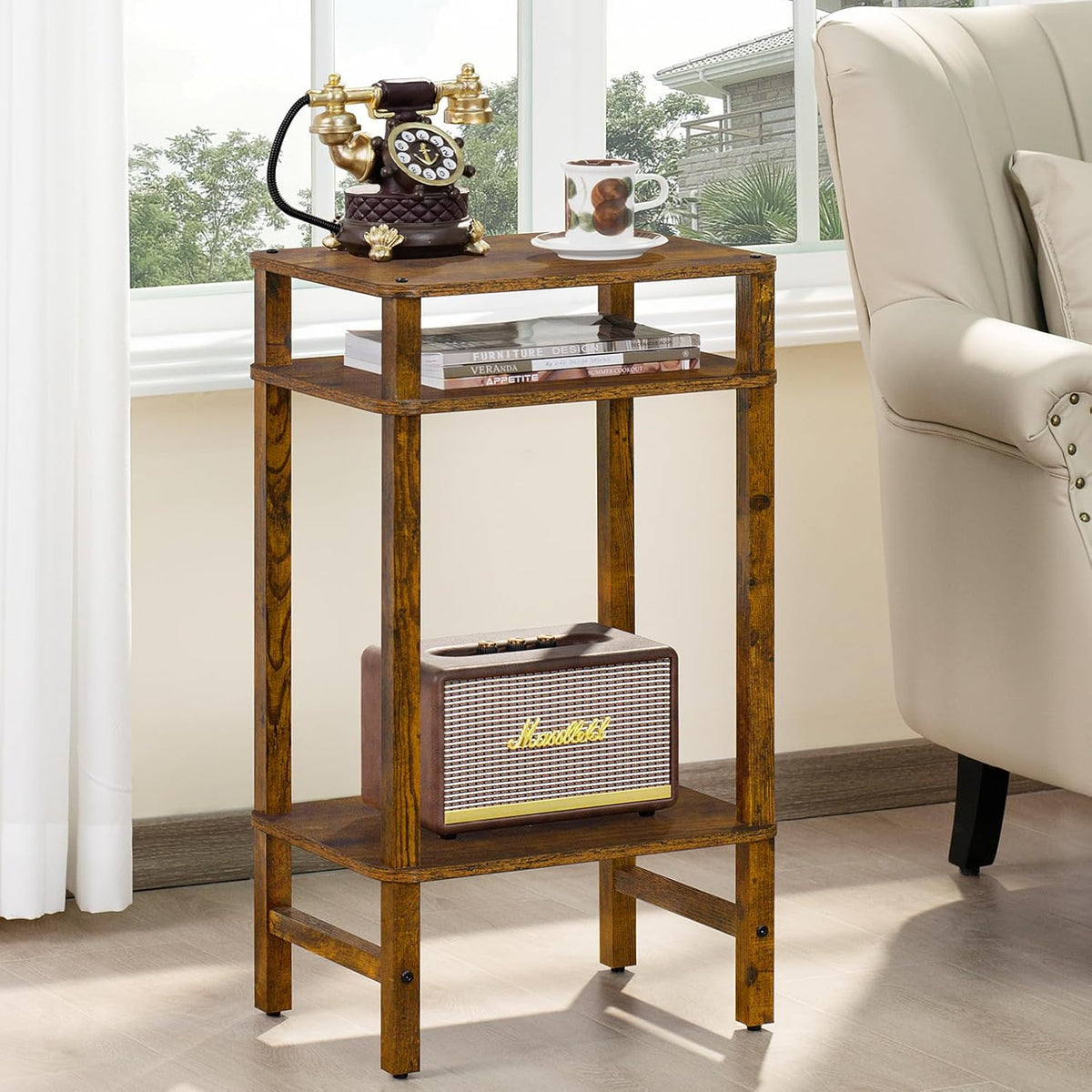 28in Tall Side Table 3-Tier Small Narrow End Table for Couch, Skinny Nightstand for Small Space, Farmhouse Slim Night Stand with Storage, Wooden Frame Thin Bedside Table, for Living Room, Brown