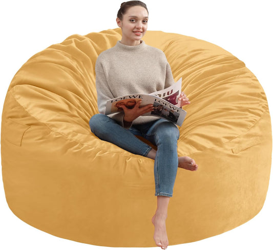 5FT Bean Bag Chair, Large Bean Bag Chairs with Memory Foam Filled, Fluffy Beanbag Sofa with Dutch Velvet Cover, Round BeanBag Chairs for Living Room, Playroom - Mustard