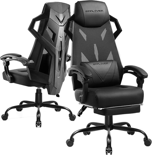 GTRACING Gaming Chair, Computer Chair with Mesh Back, Ergonomic Gaming Chair with Footrest, Reclining Gamer Chair with Adjustable Headrest and Lumbar Support for Gaming and Office (Black)