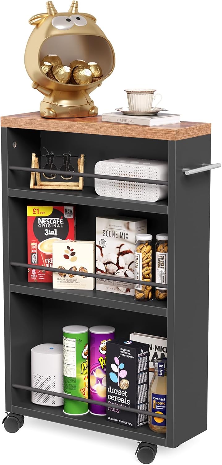 LITTLE TREE Slim Rolling Storage Cart, 3 Tier Snack Cart with Wheels for Kitchen, 6.3 Inch Wide Bathroom Organizer Shelves, Wooden Utility Cart for Laundry Room, Black