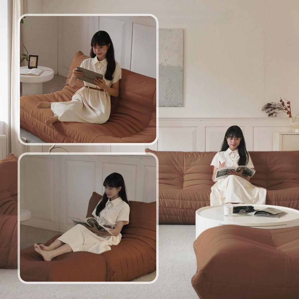 Luxury Ottomans, Modern Square Foot Rest for Sofa Couch Chair, Lazy Floor Seating, Fireside Bean Bag Chair, Tatami Sofa Lounger for Living Room, Bedroom, Office, Brown